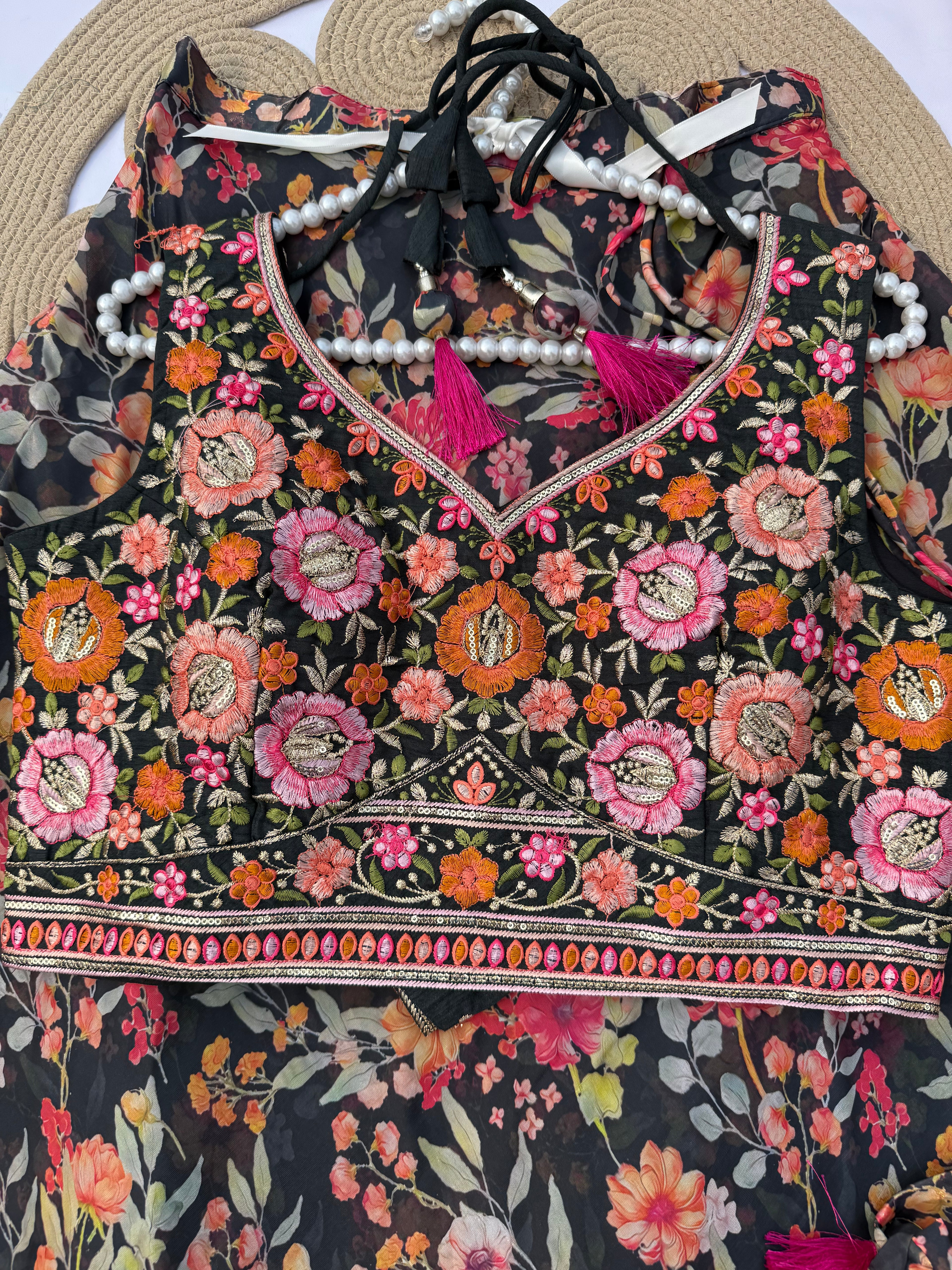 L112 Floral Printed Designer Lehenga with Banglori Silk Embroidered Choli