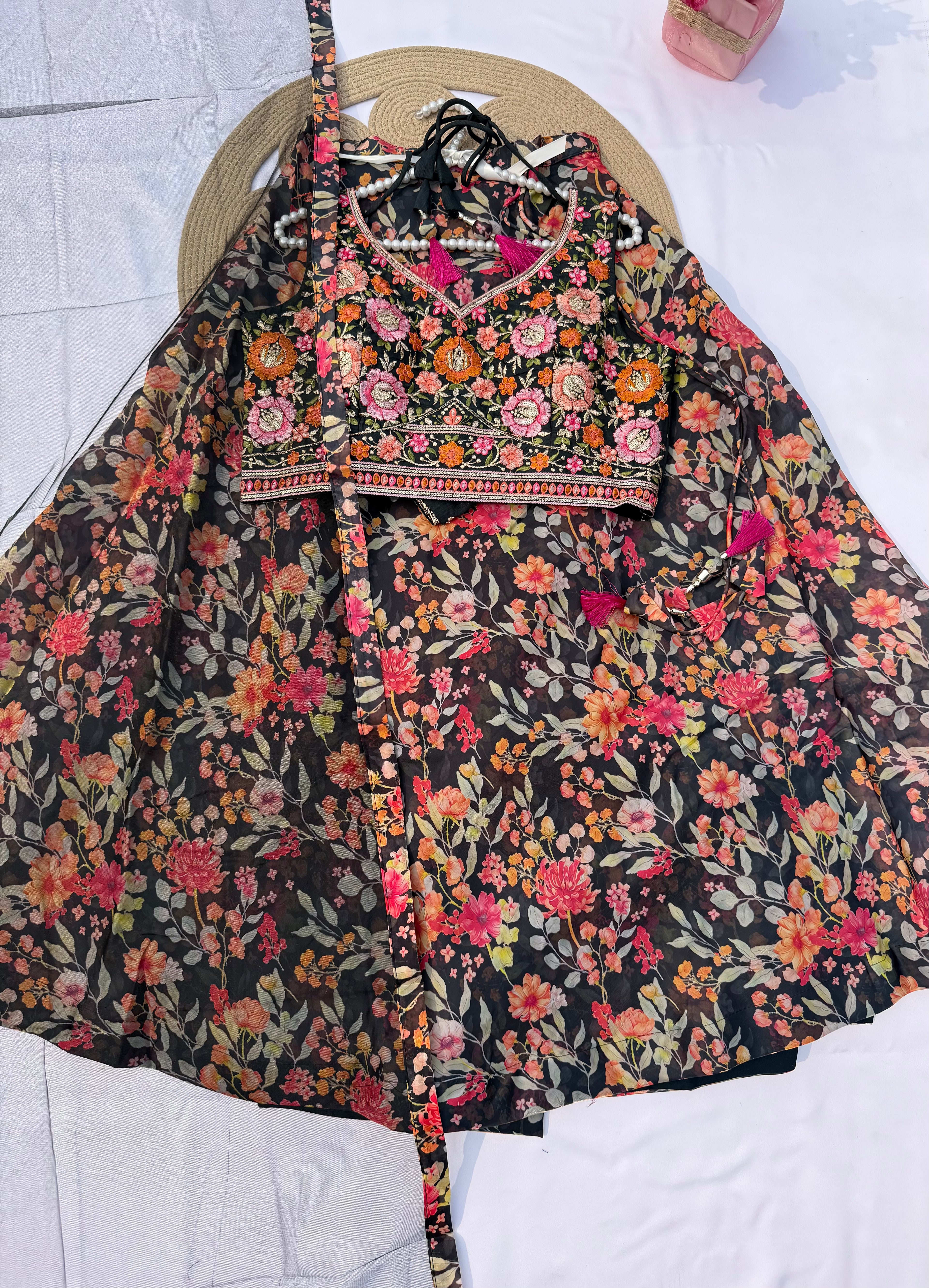 L112 Floral Printed Designer Lehenga with Banglori Silk Embroidered Choli