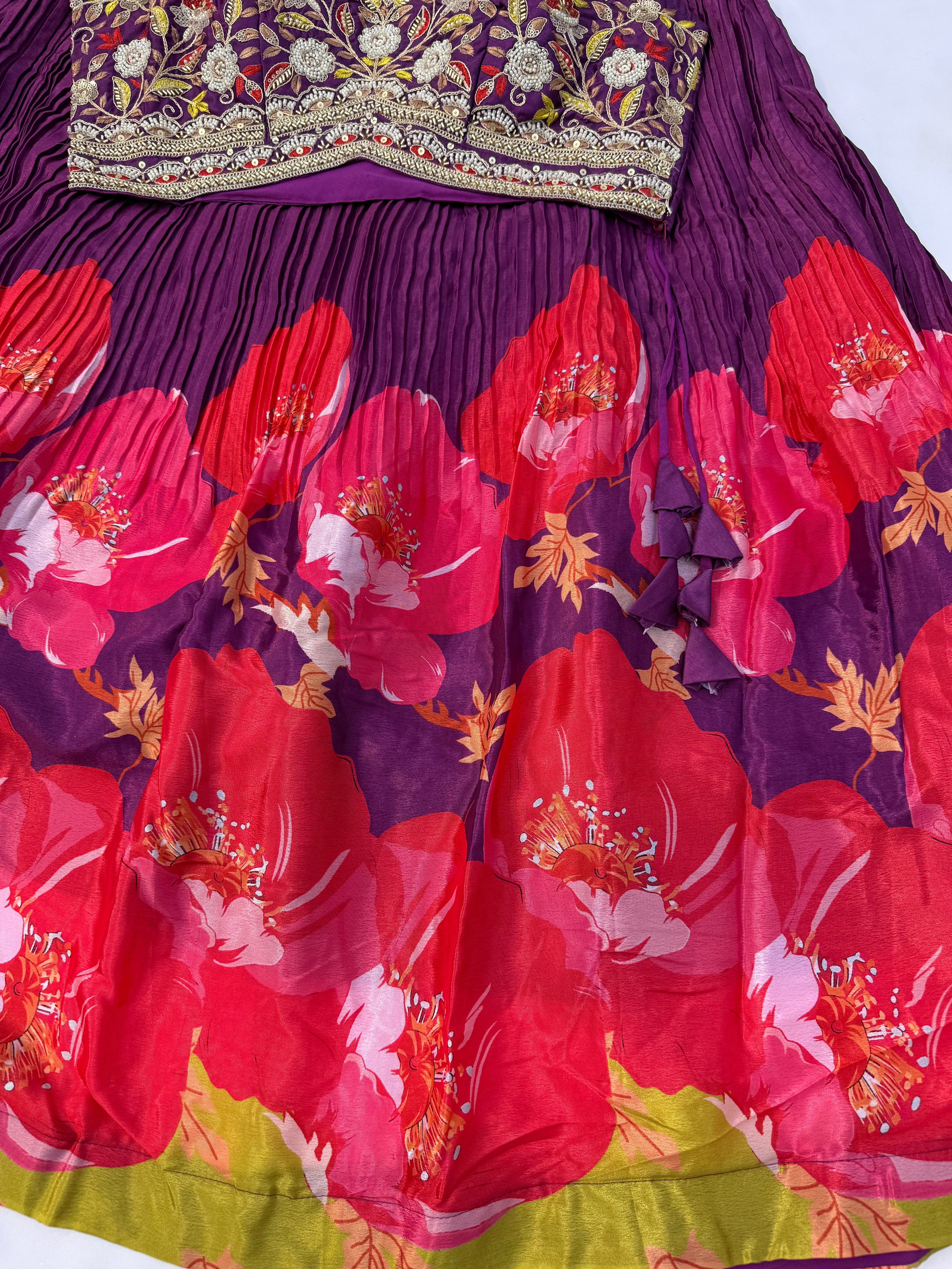 L113 Chinon Print Lehenga with Banglori Silk Handwork Choli