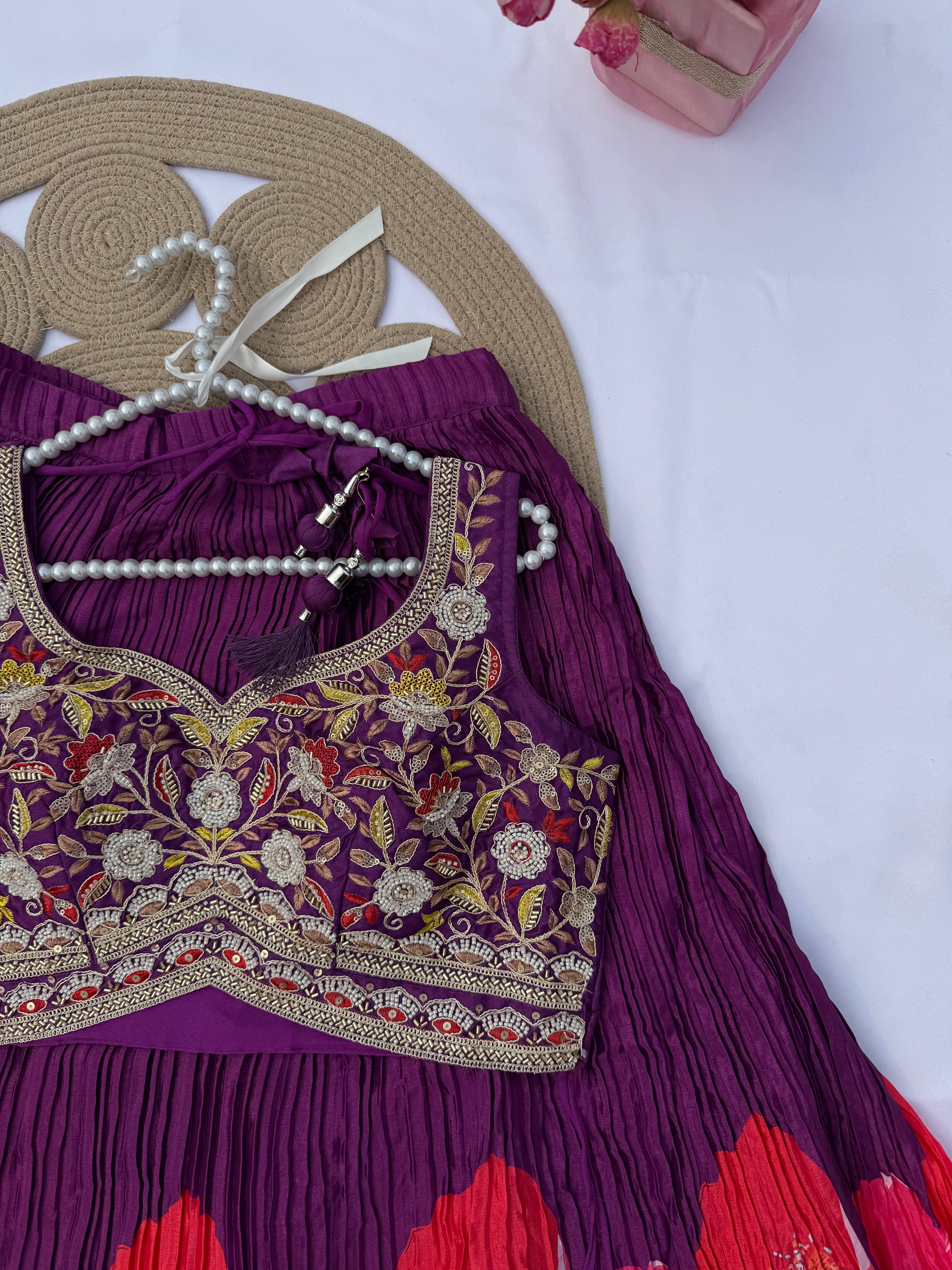 L113 Chinon Print Lehenga with Banglori Silk Handwork Choli