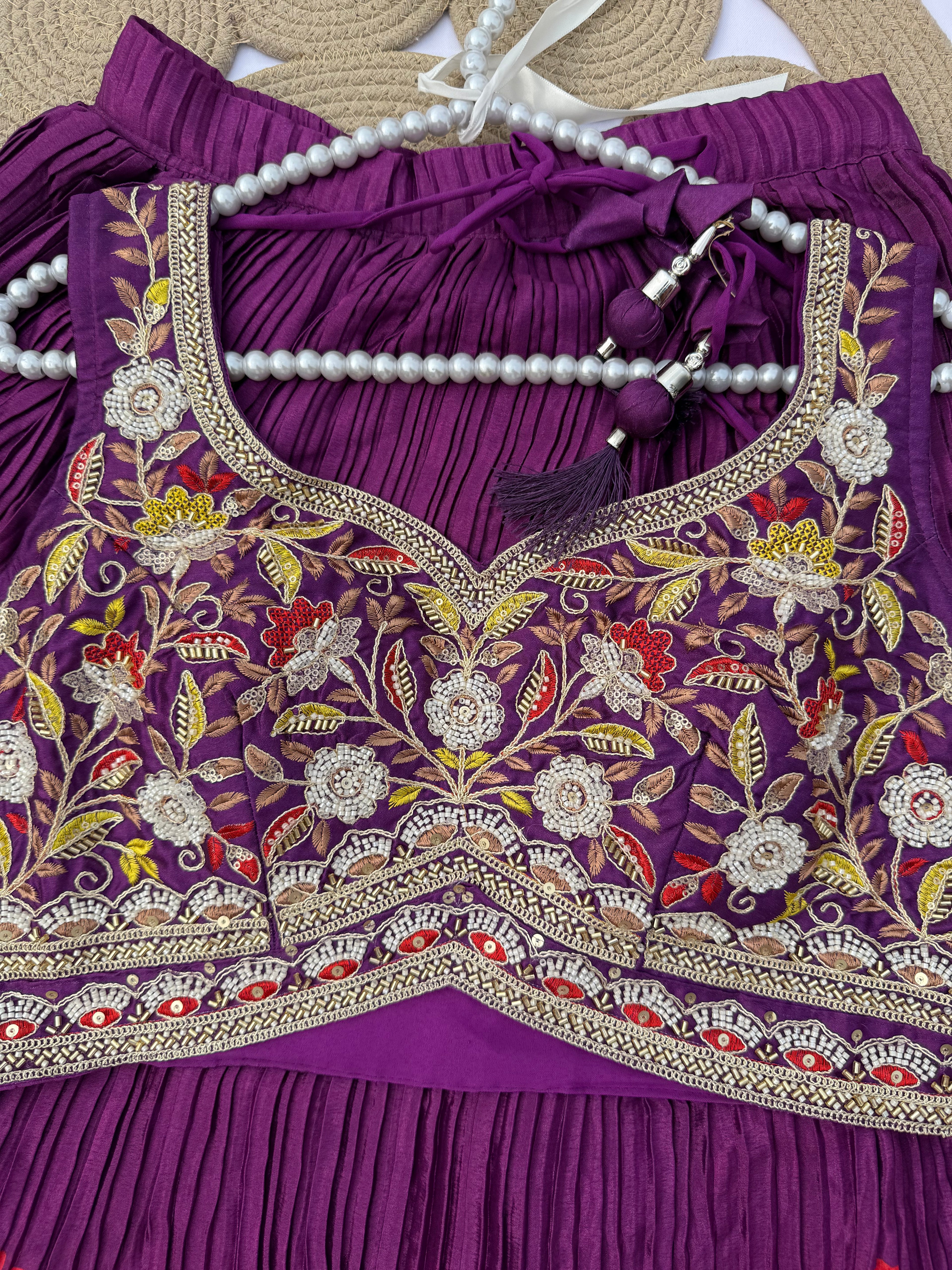 L113 Chinon Print Lehenga with Banglori Silk Handwork Choli