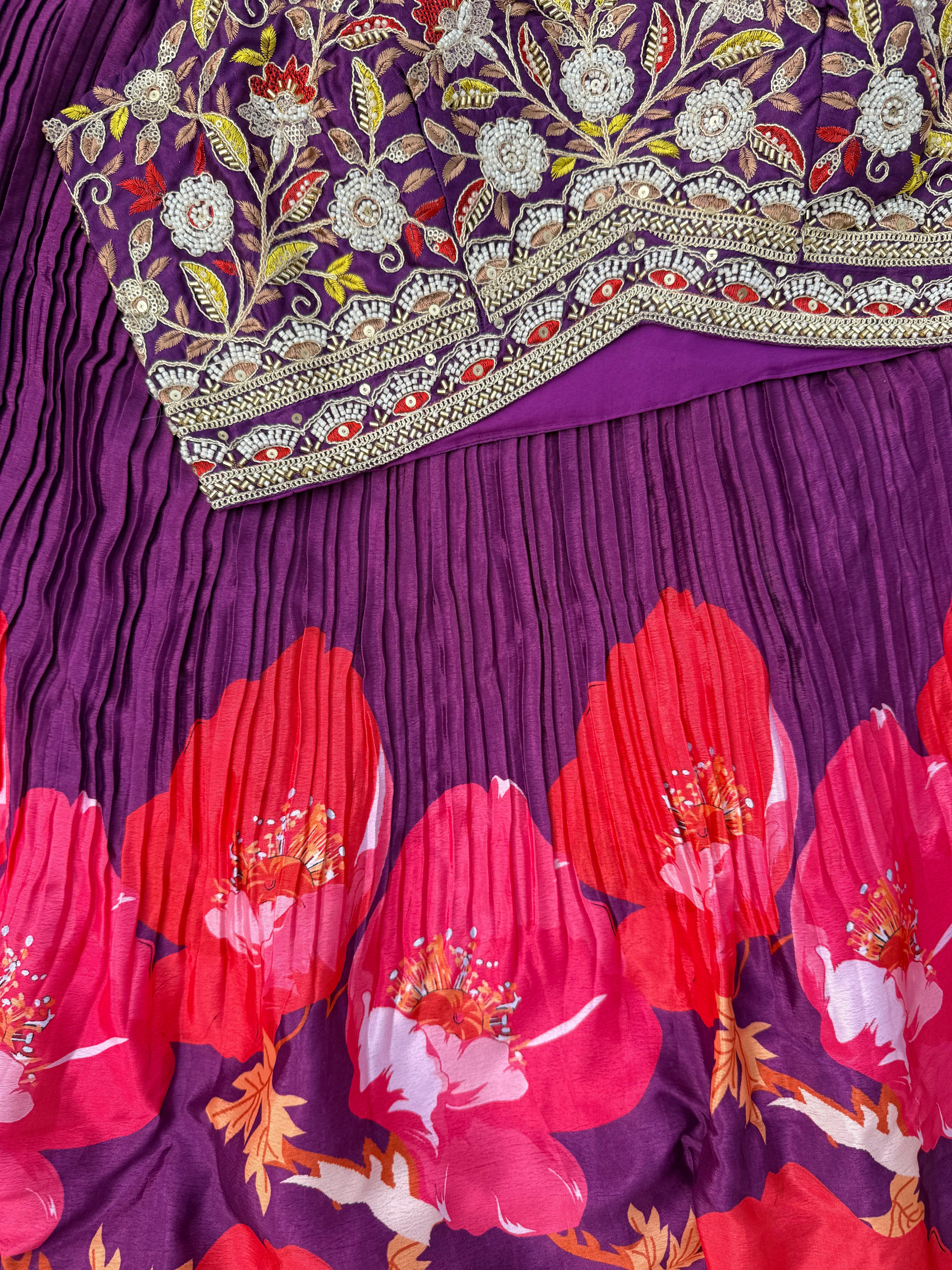 L113 Chinon Print Lehenga with Banglori Silk Handwork Choli