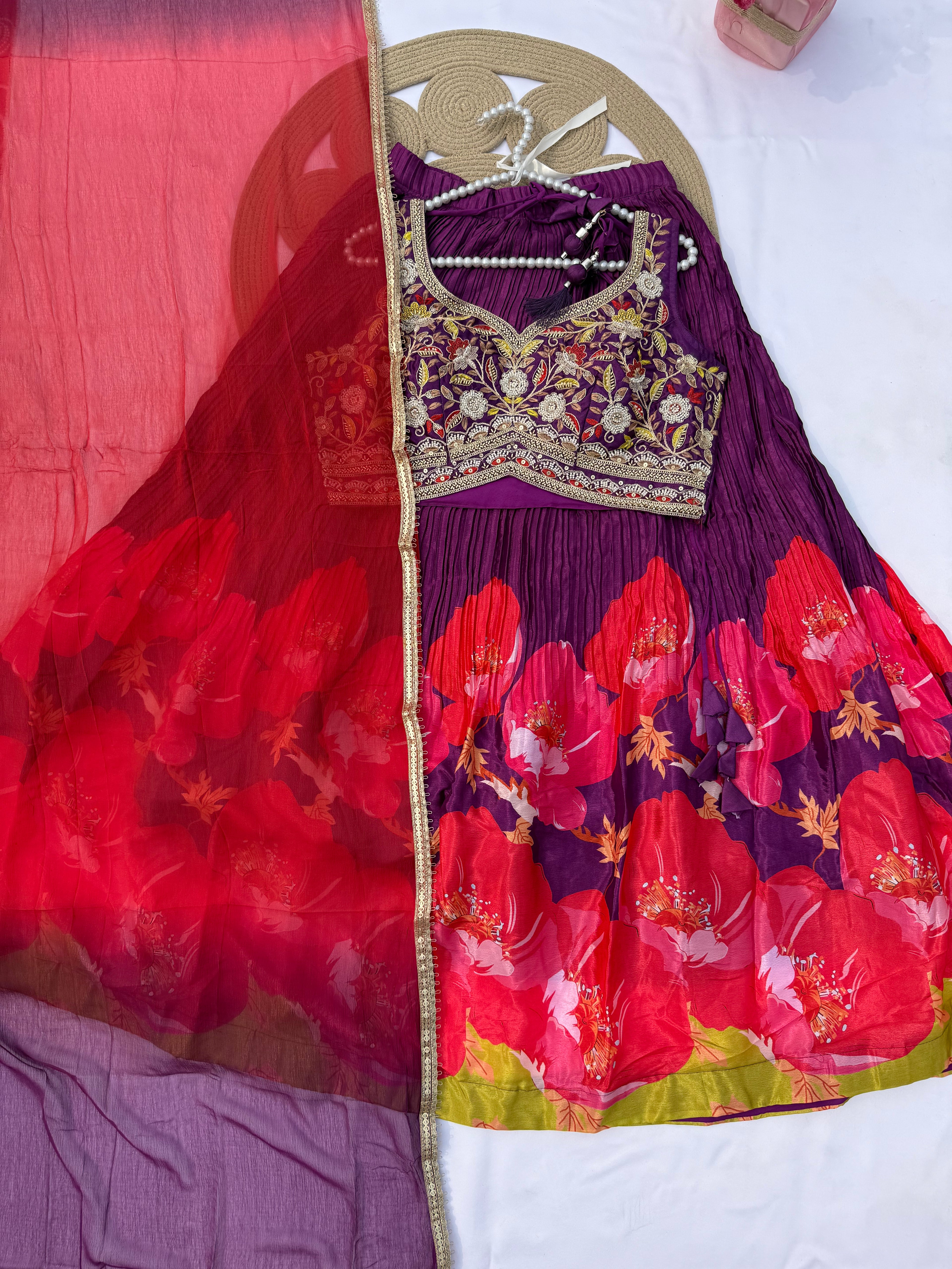 L113 Chinon Print Lehenga with Banglori Silk Handwork Choli