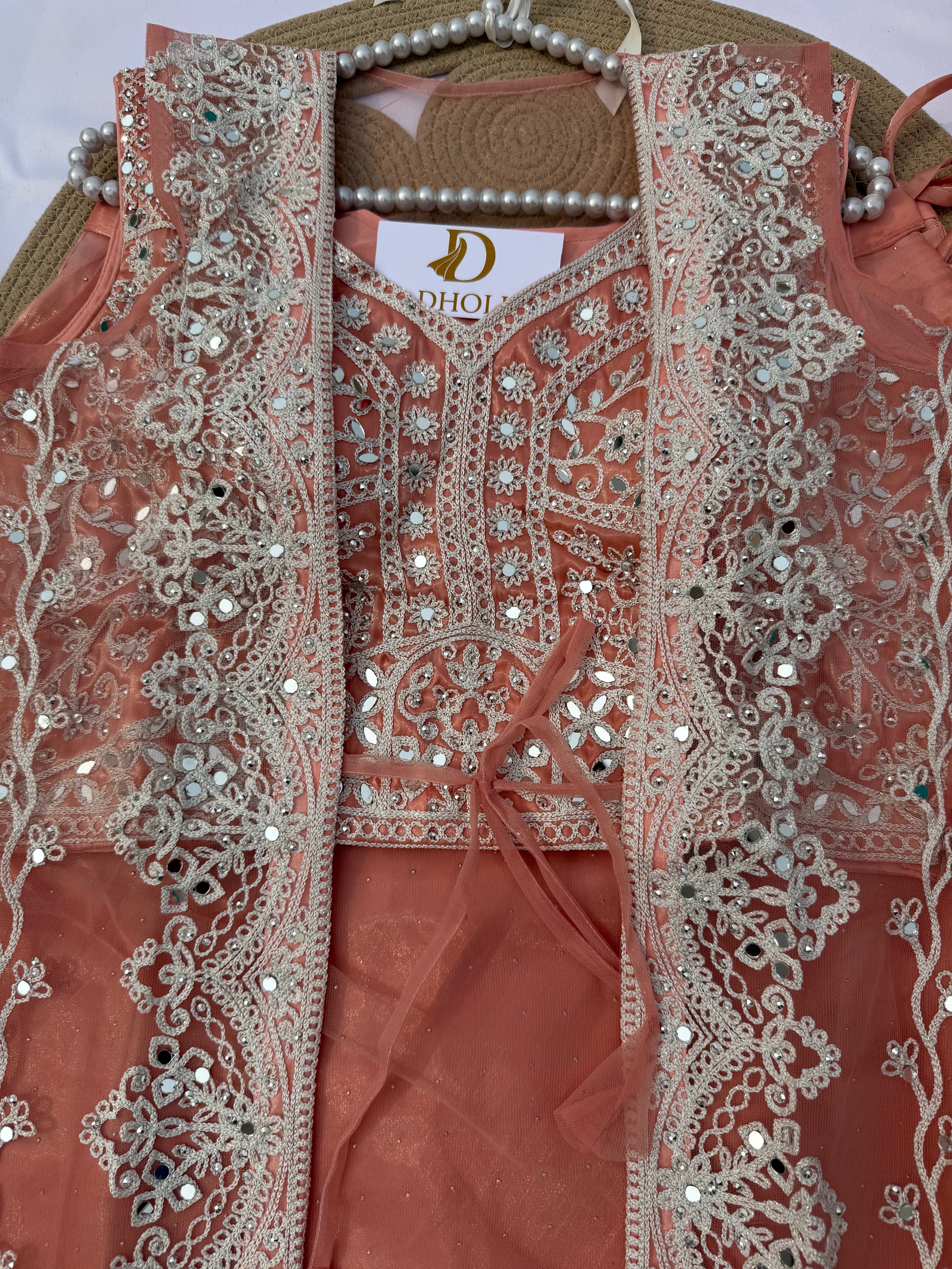 L115 Net Lehenga Choli Jacket Set with Intricate Chain Stitch Embroidery
