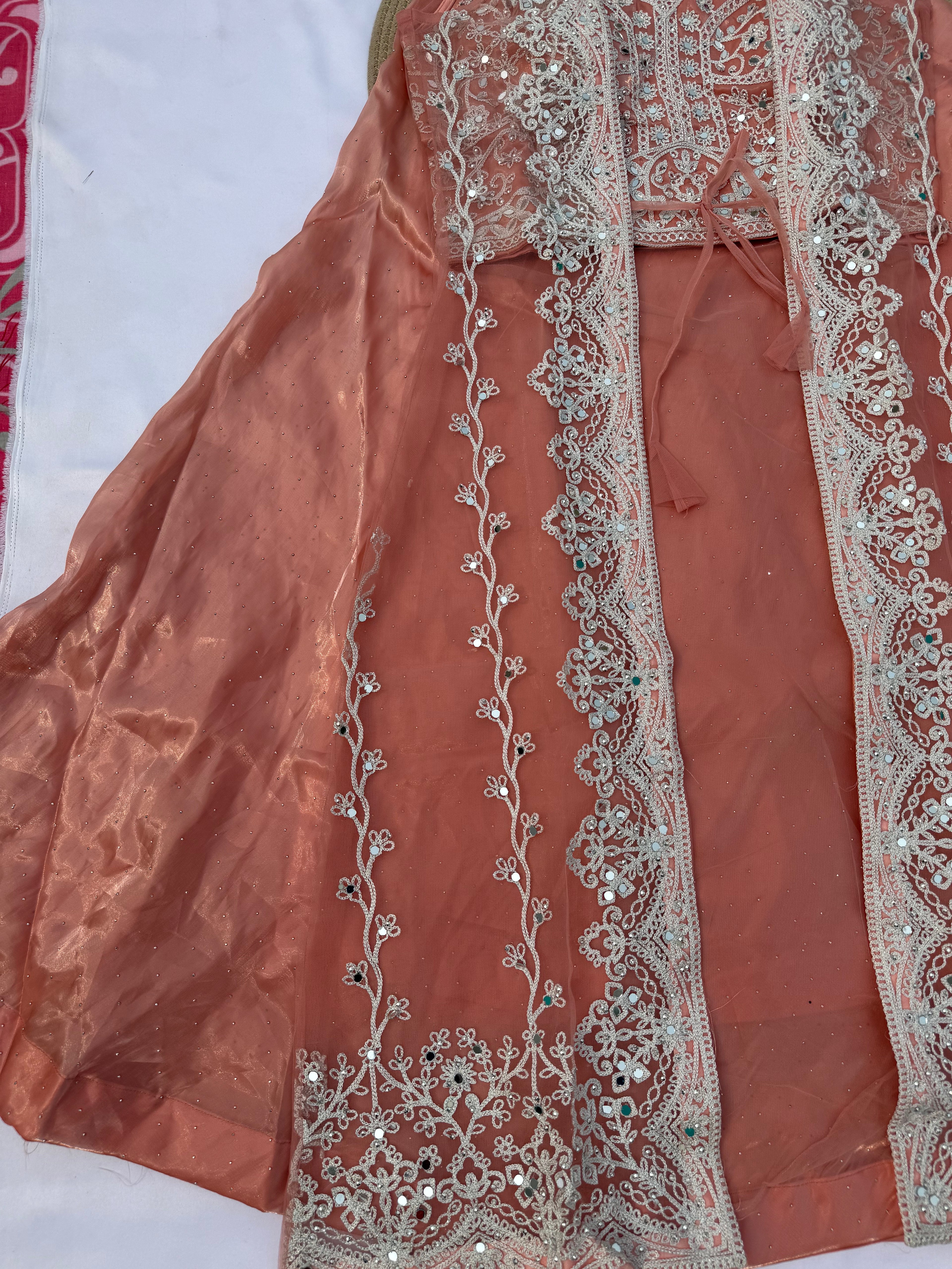 L115 Net Lehenga Choli Jacket Set with Intricate Chain Stitch Embroidery