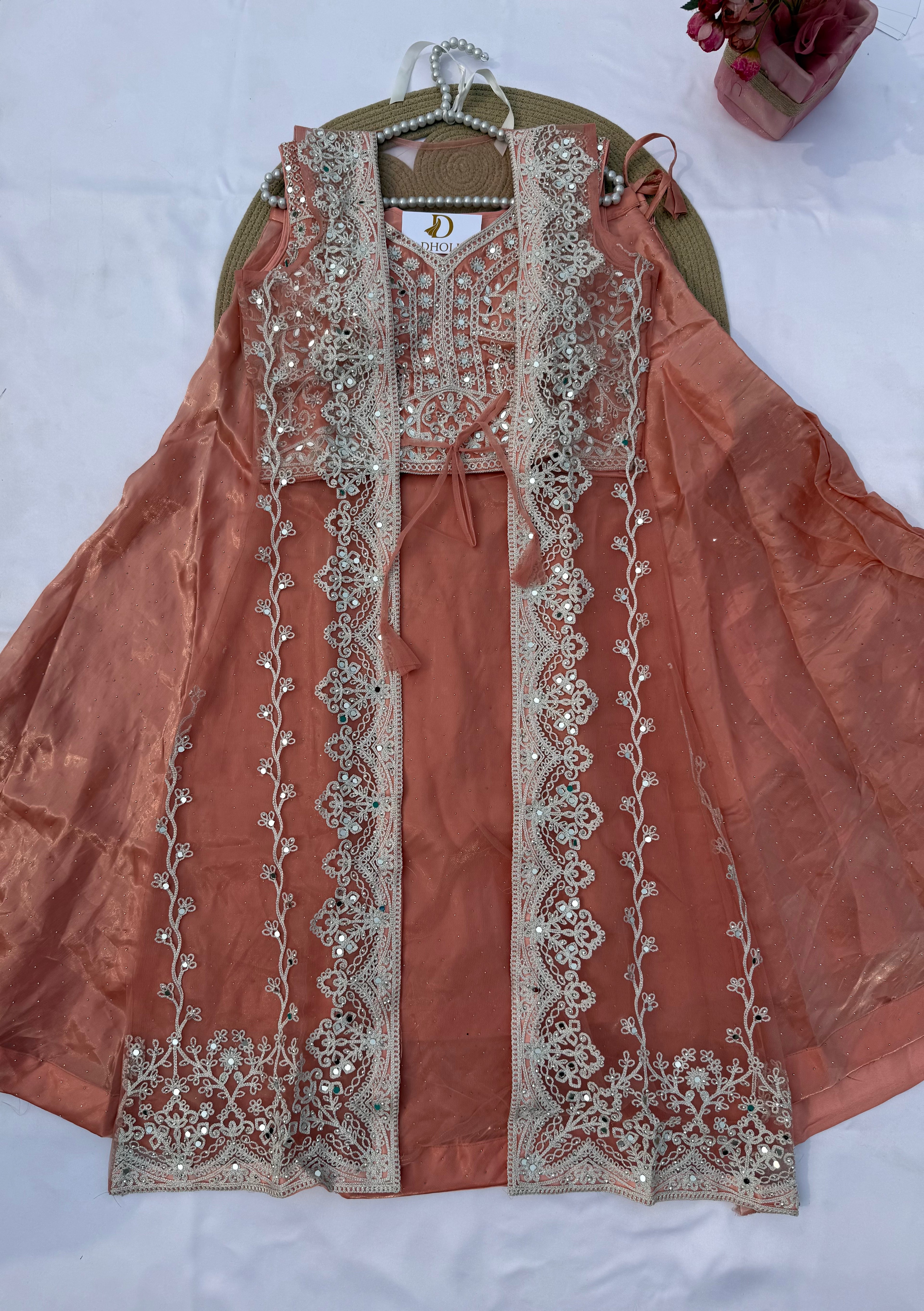 L115 Net Lehenga Choli Jacket Set with Intricate Chain Stitch Embroidery