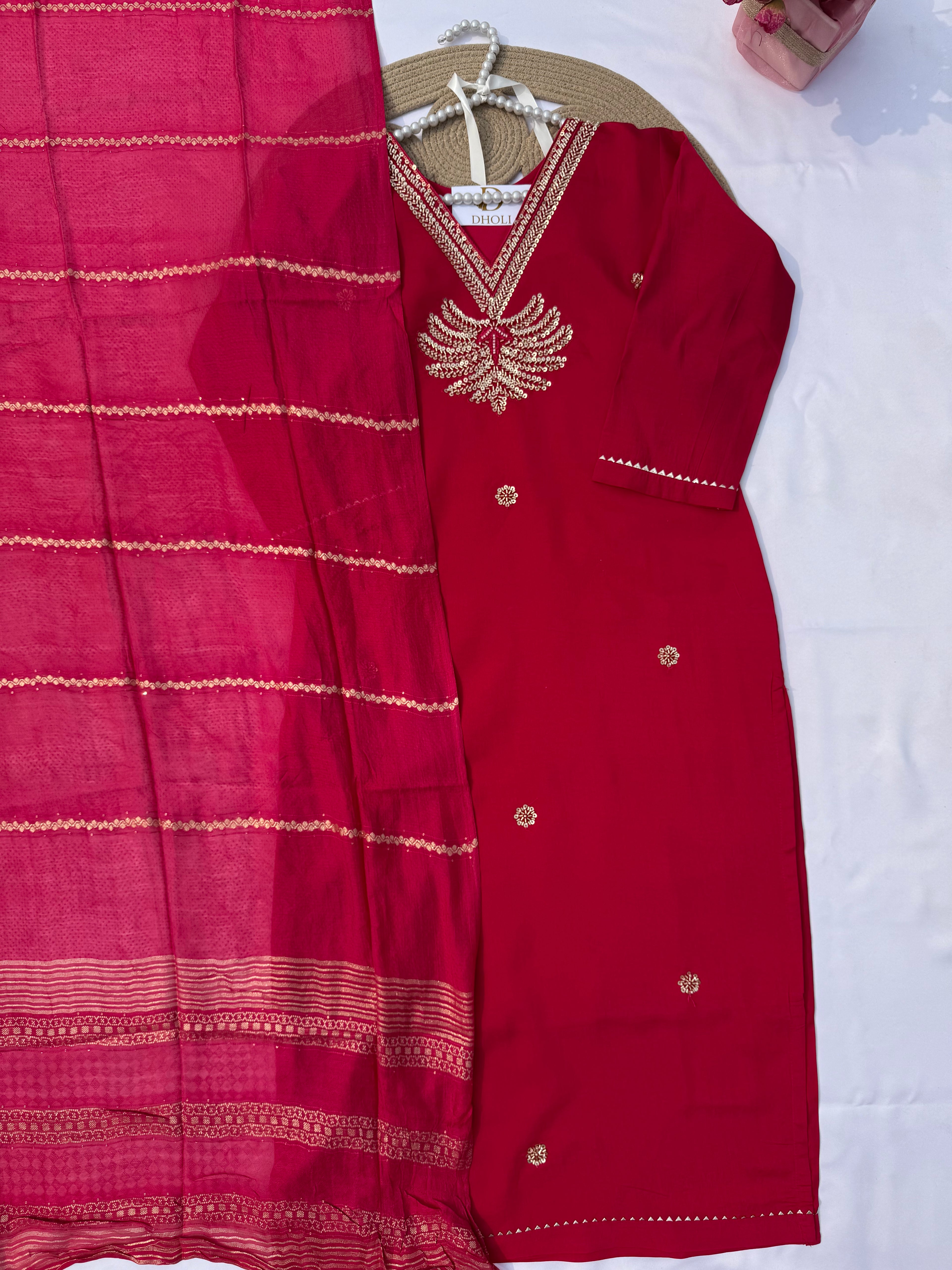 S-121 Roman Silk Suit Set with Palm Jhumer Handwork
