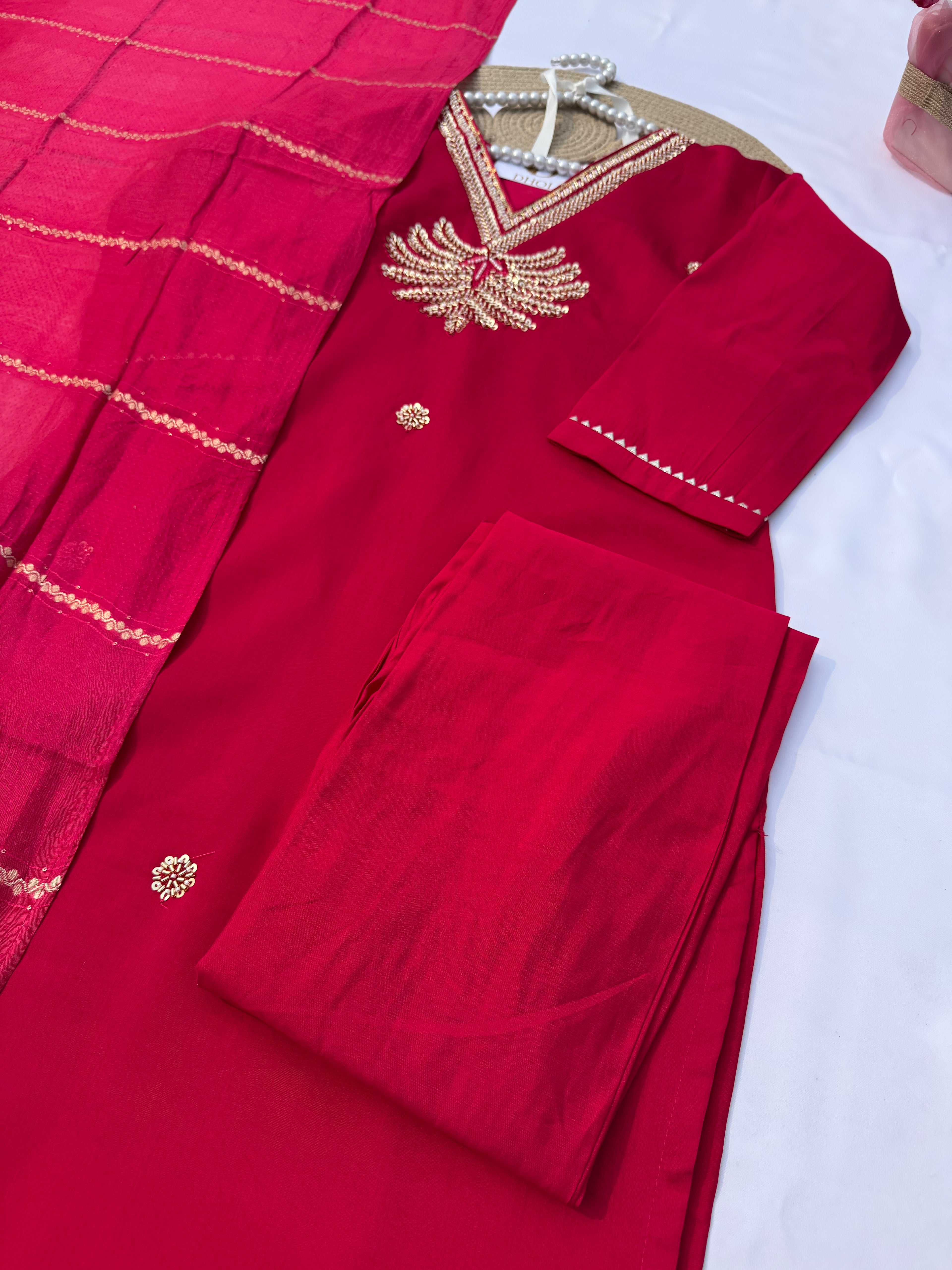 S-121 Roman Silk Suit Set with Palm Jhumer Handwork