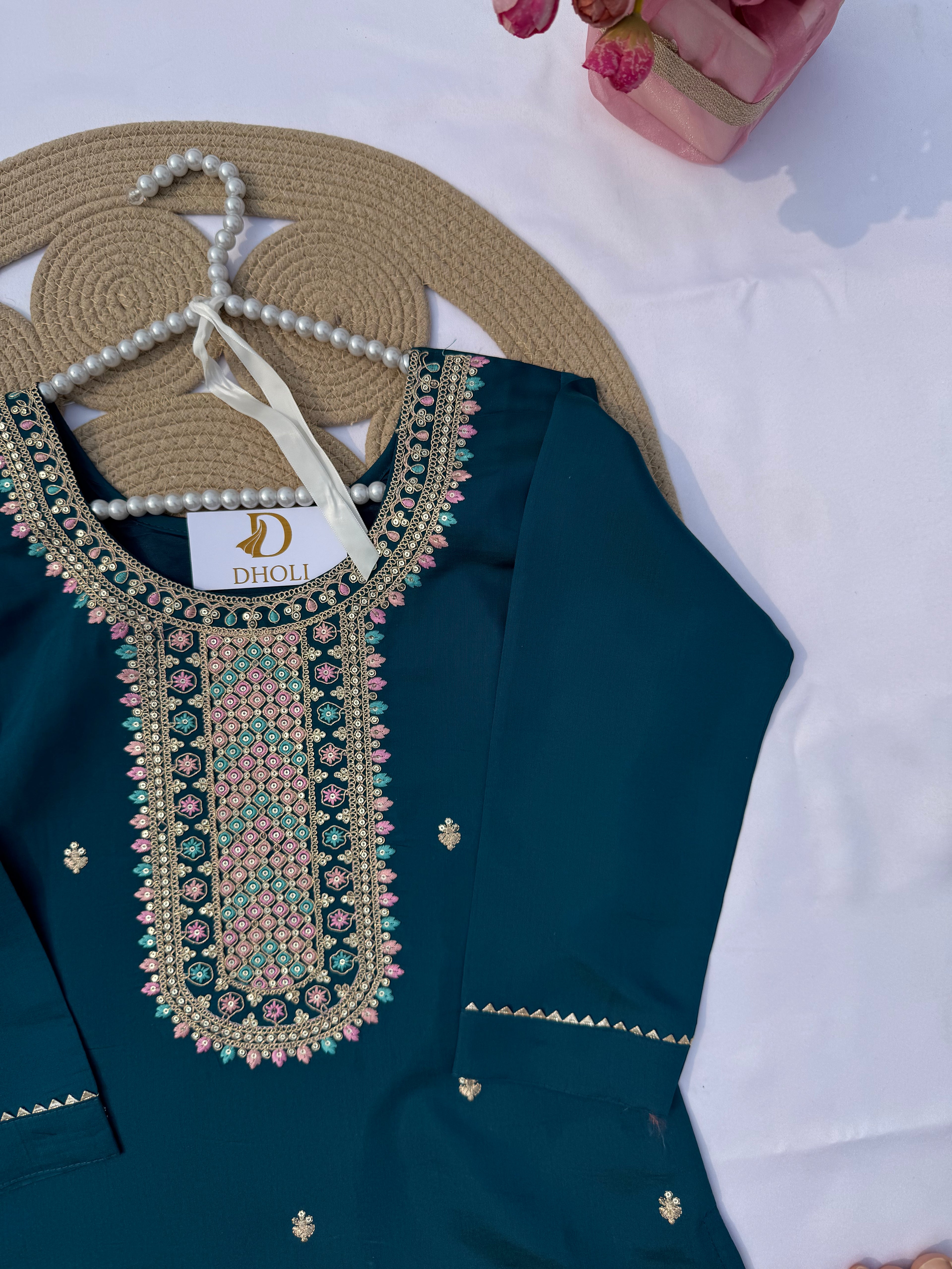 S122 Roman Fabric Suit Set with Heavy Embroidered Neck & Digital Dupatta