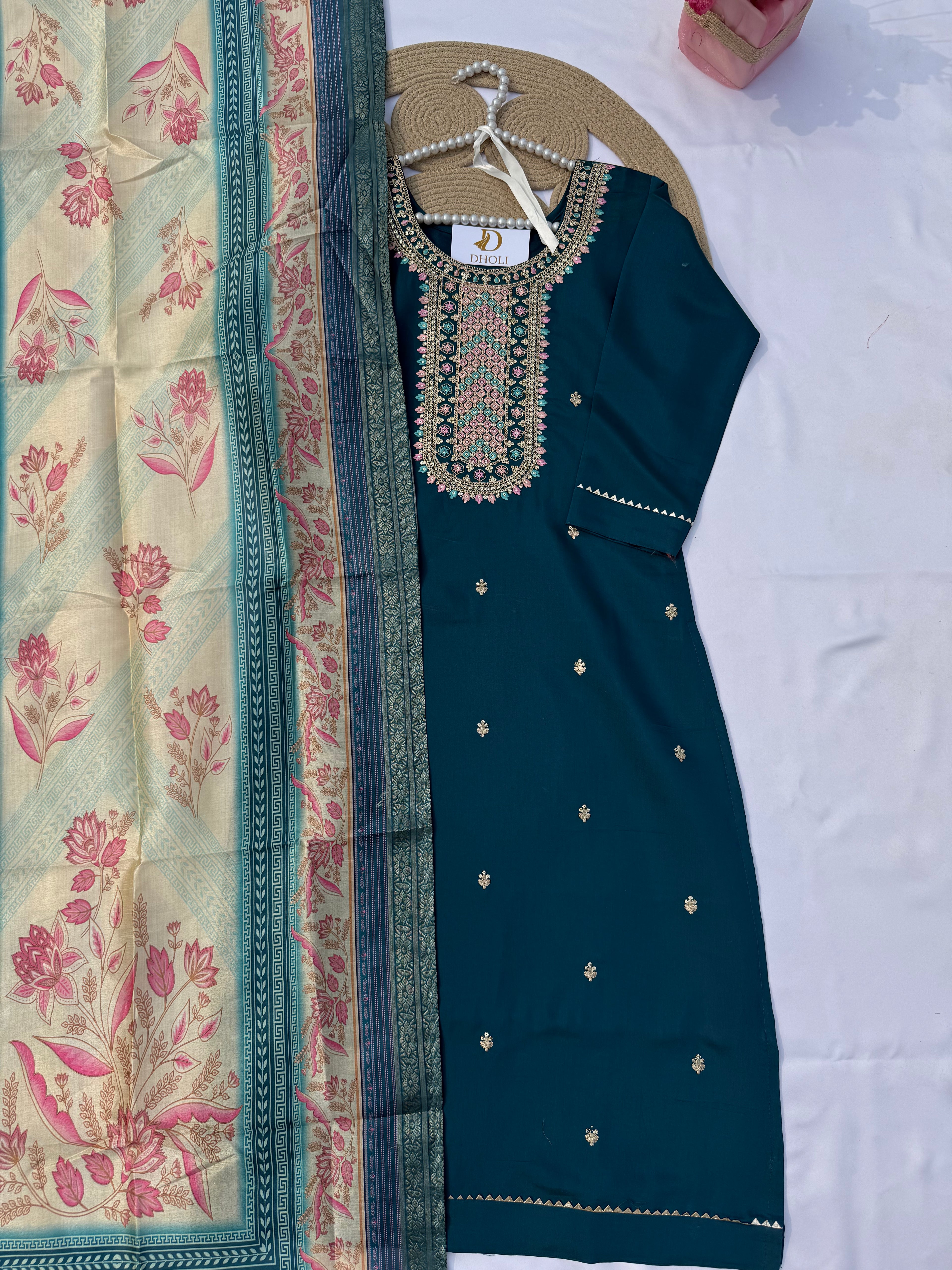 S122 Roman Fabric Suit Set with Heavy Embroidered Neck & Digital Dupatta