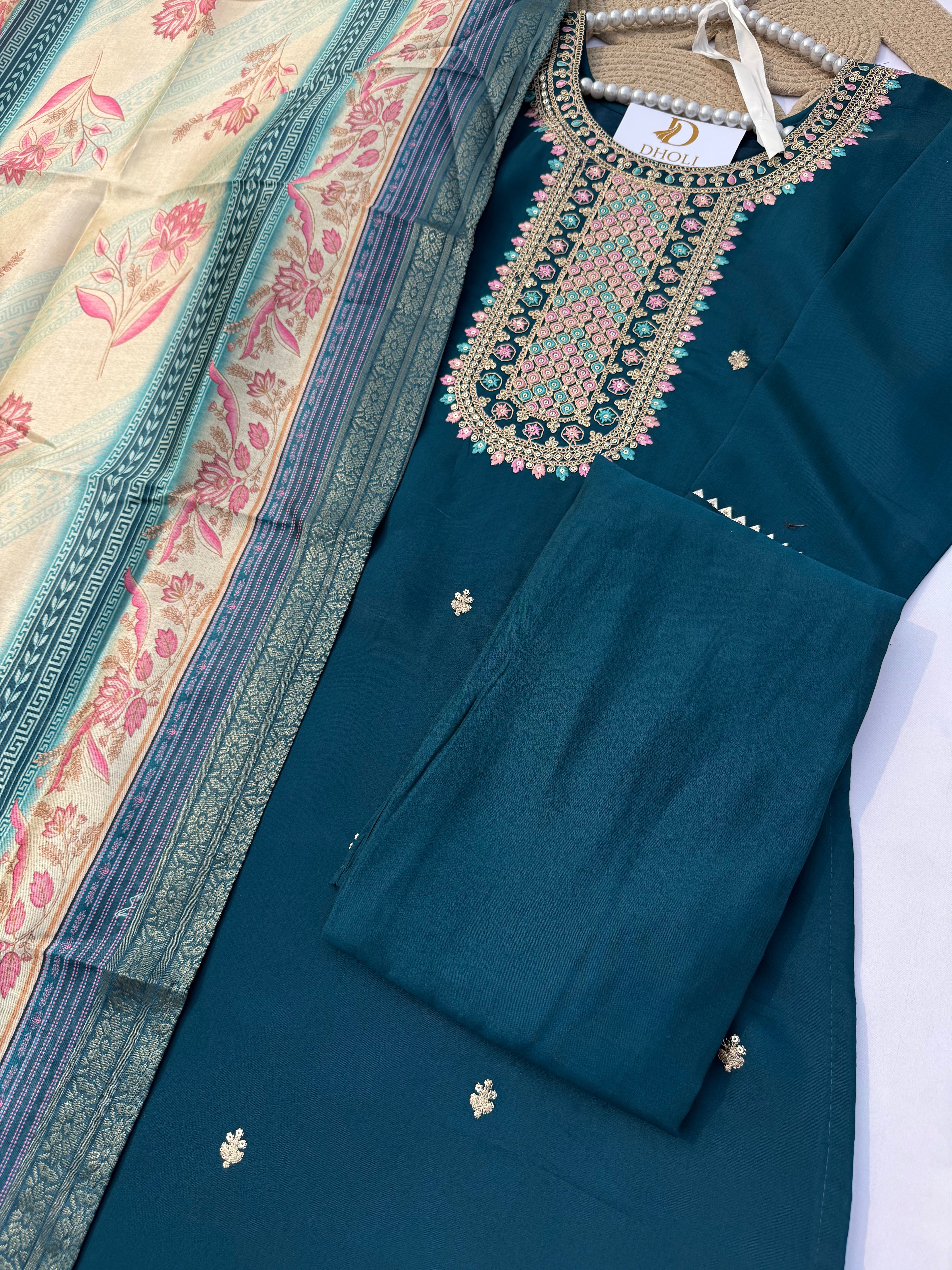 S122 Roman Fabric Suit Set with Heavy Embroidered Neck & Digital Dupatta