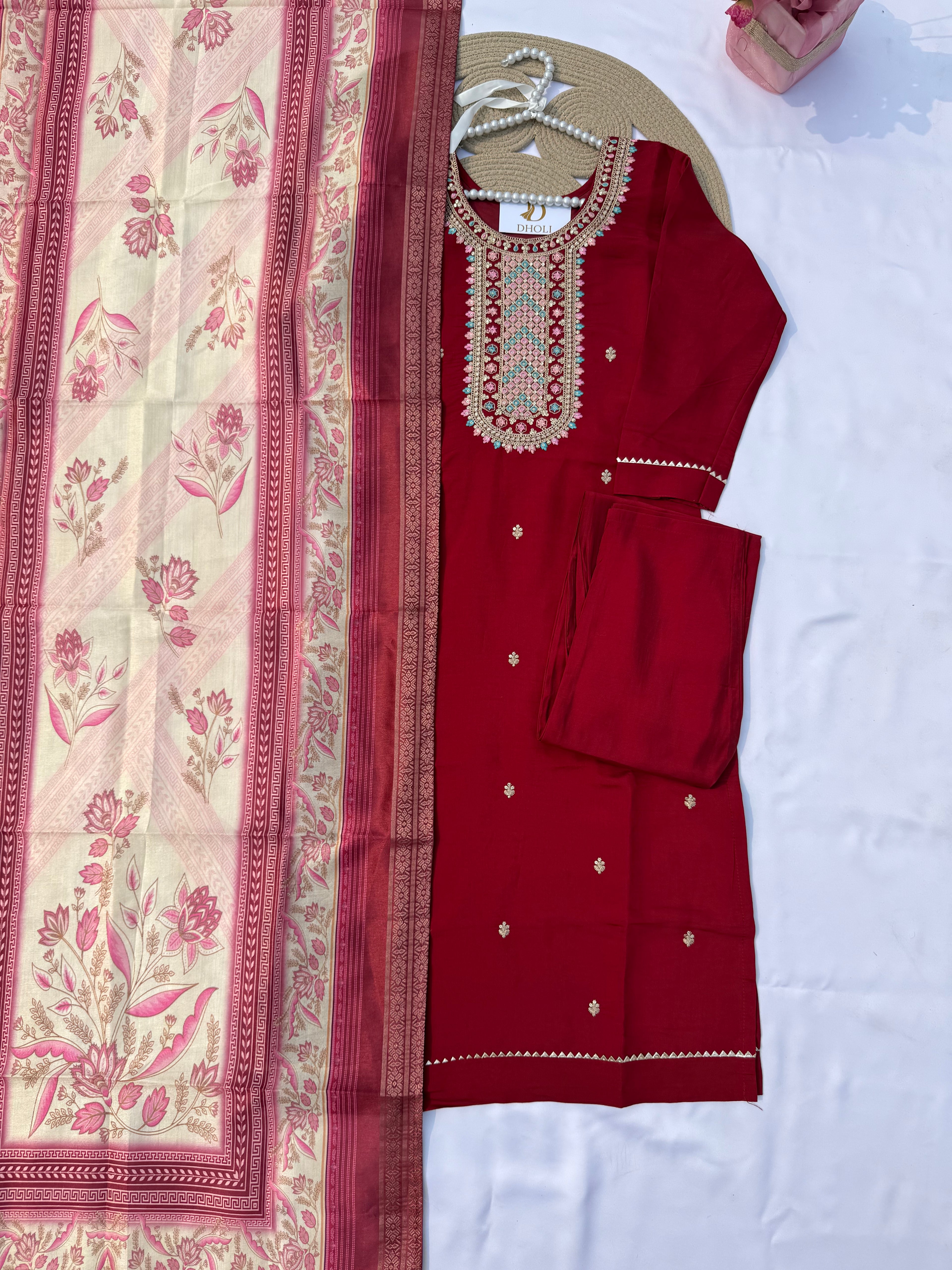 S122 Roman Fabric Suit Set with Heavy Embroidered Neck & Digital Dupatta