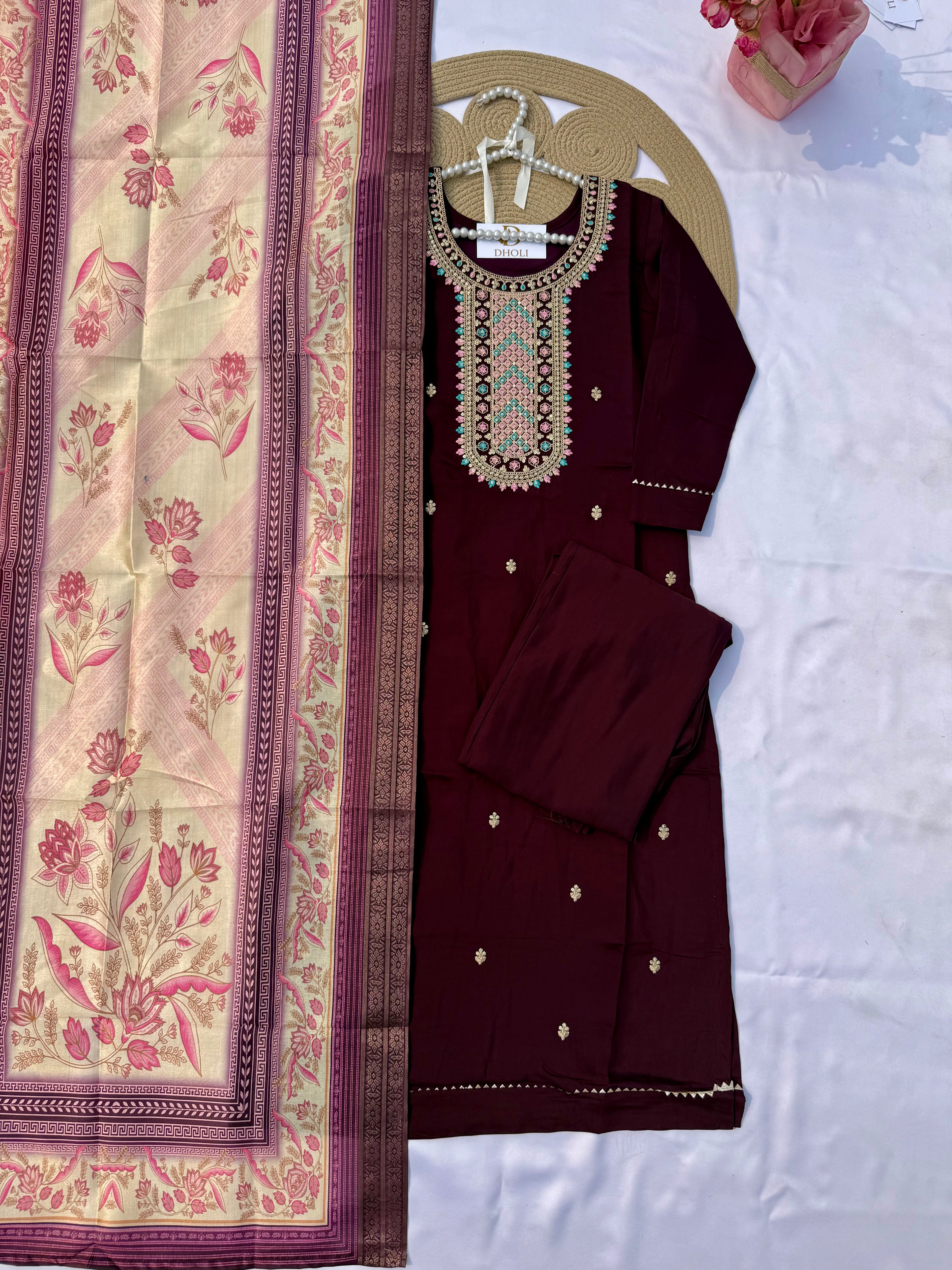 S122 Roman Fabric Suit Set with Heavy Embroidered Neck & Digital Dupatta