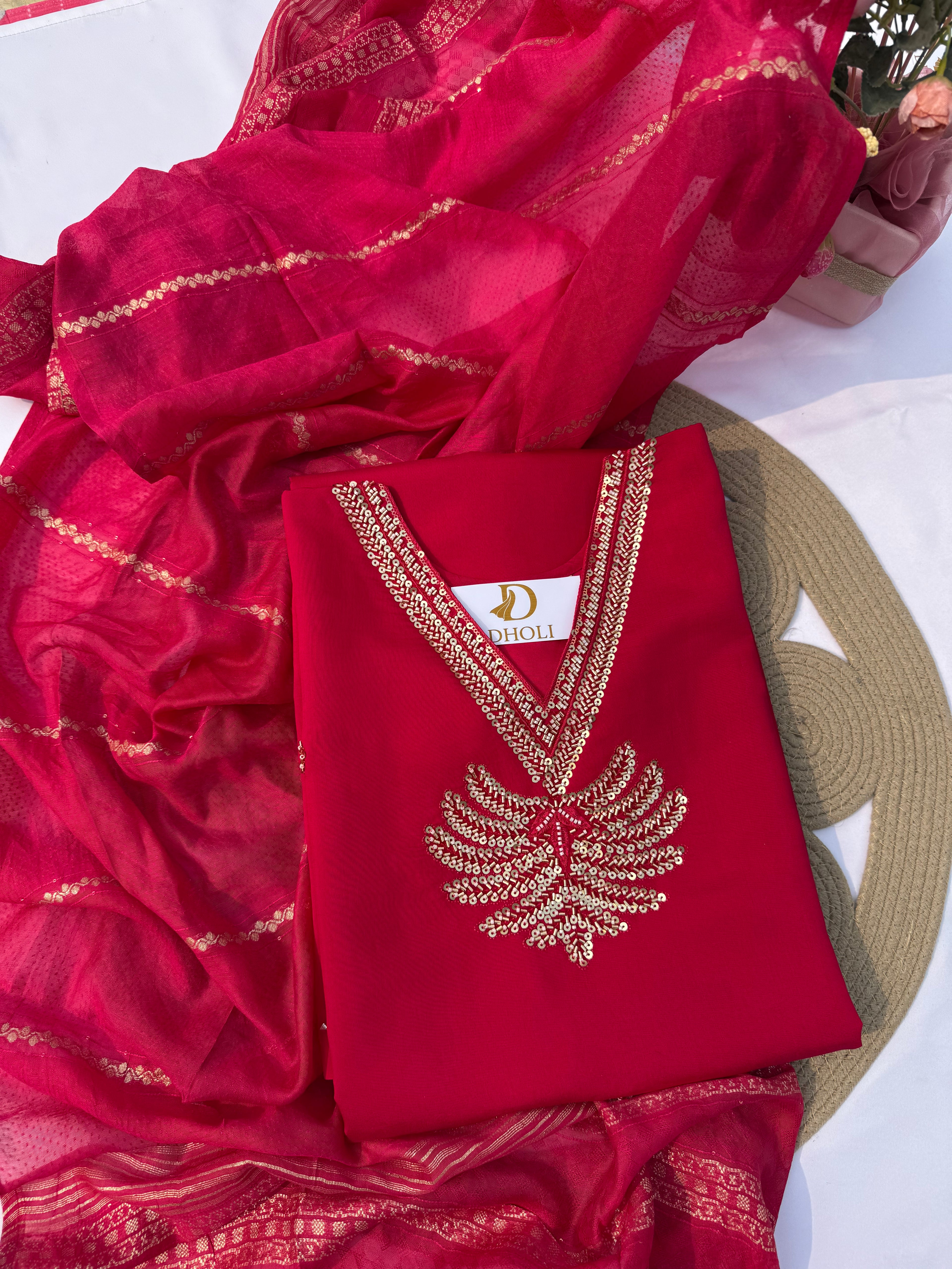 S-121 Roman Silk Suit Set with Palm Jhumer Handwork