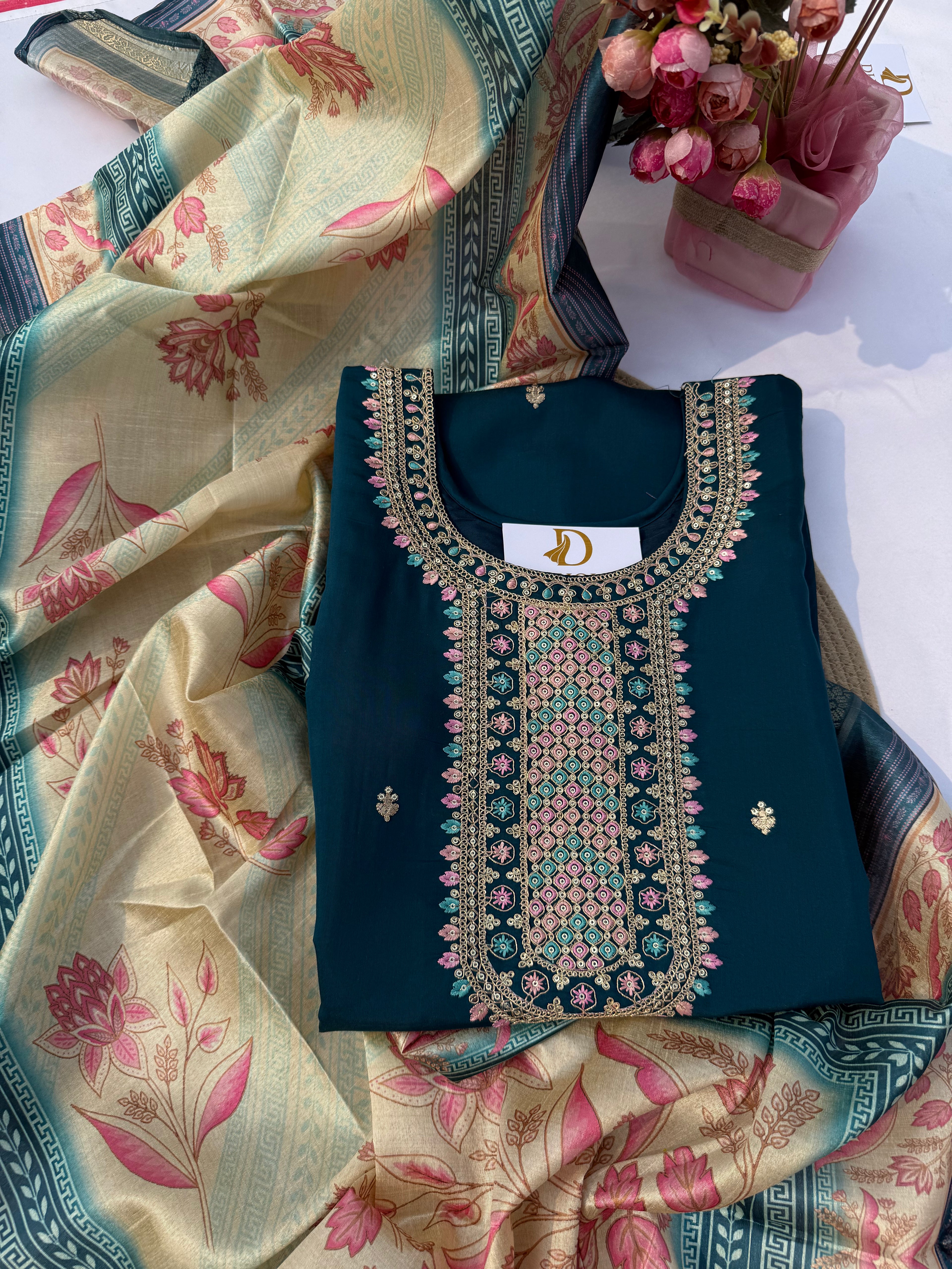 S122 Roman Fabric Suit Set with Heavy Embroidered Neck & Digital Dupatta