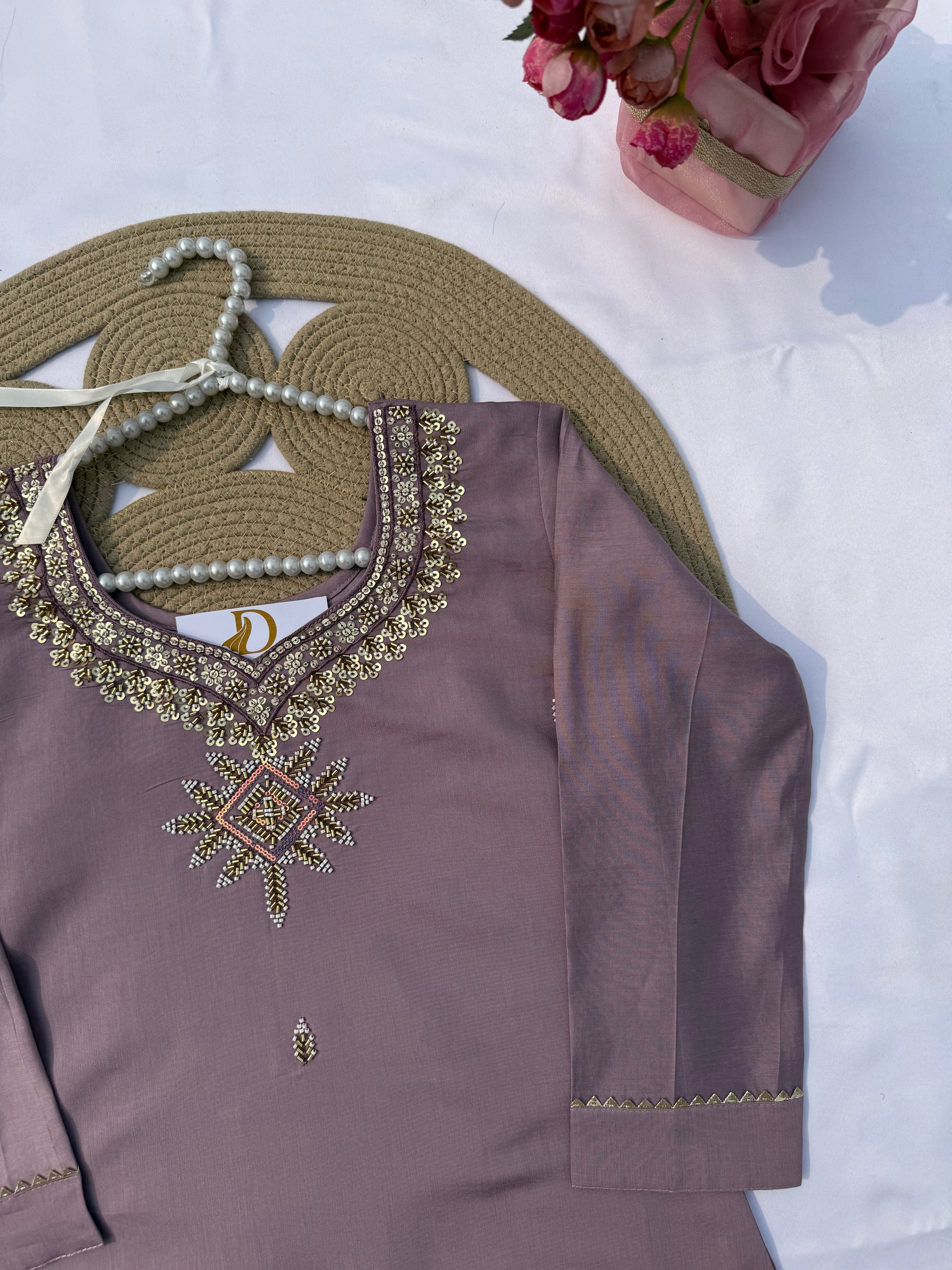 S123 Roman Silk Handwork Suit Set with Dupatta & Pant