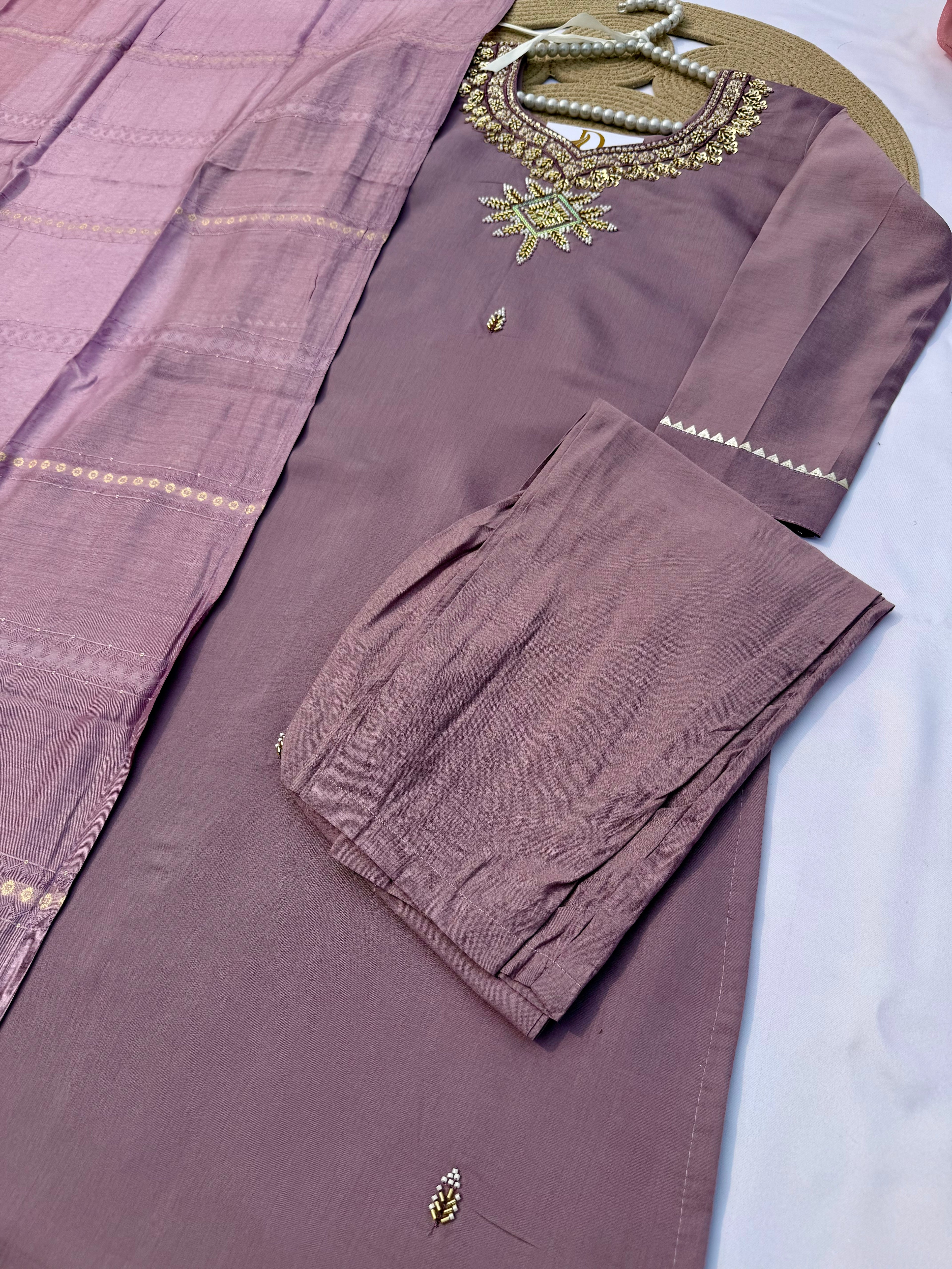 S123 Roman Silk Handwork Suit Set with Dupatta & Pant