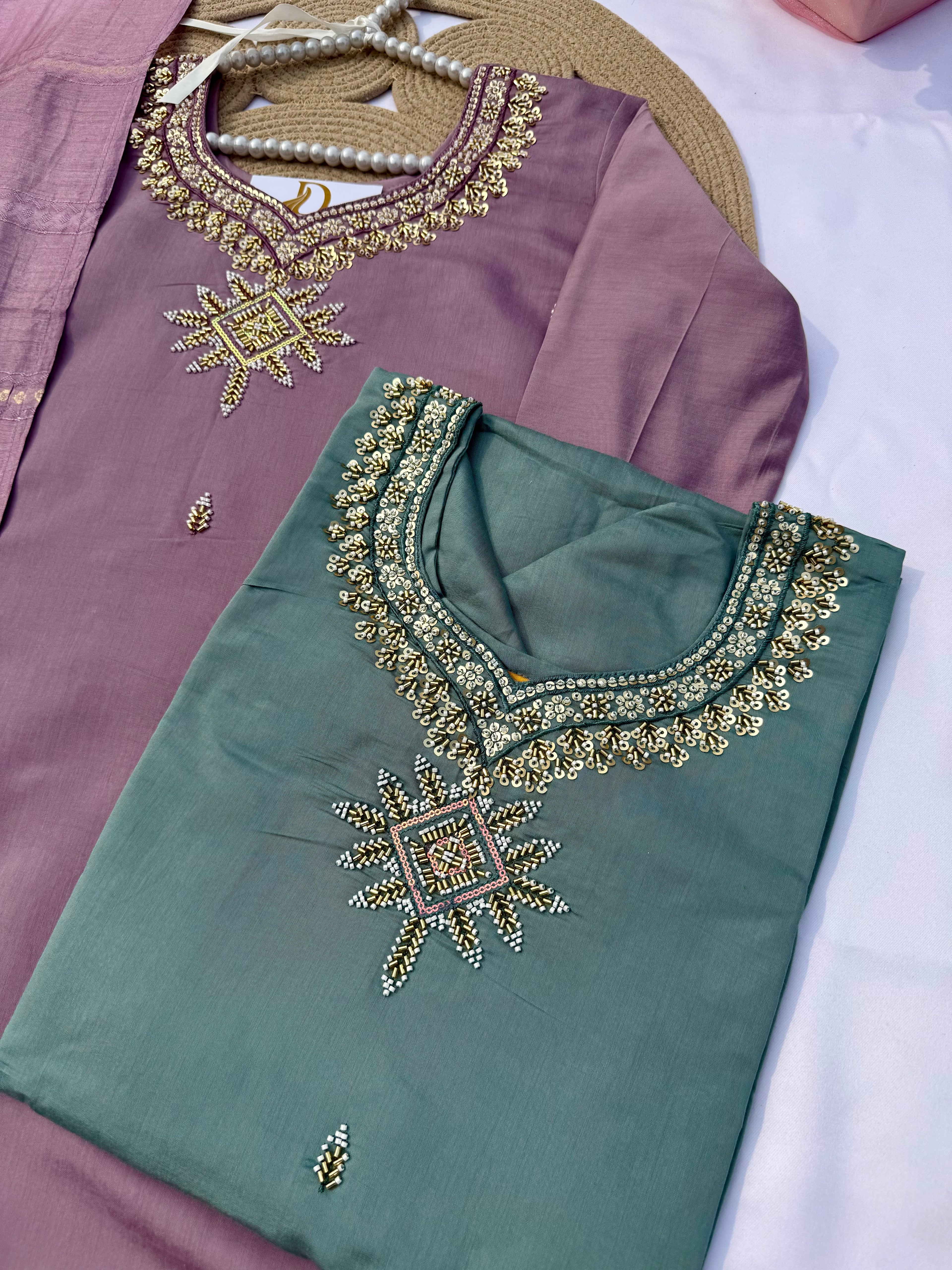 S123 Roman Silk Handwork Suit Set with Dupatta & Pant