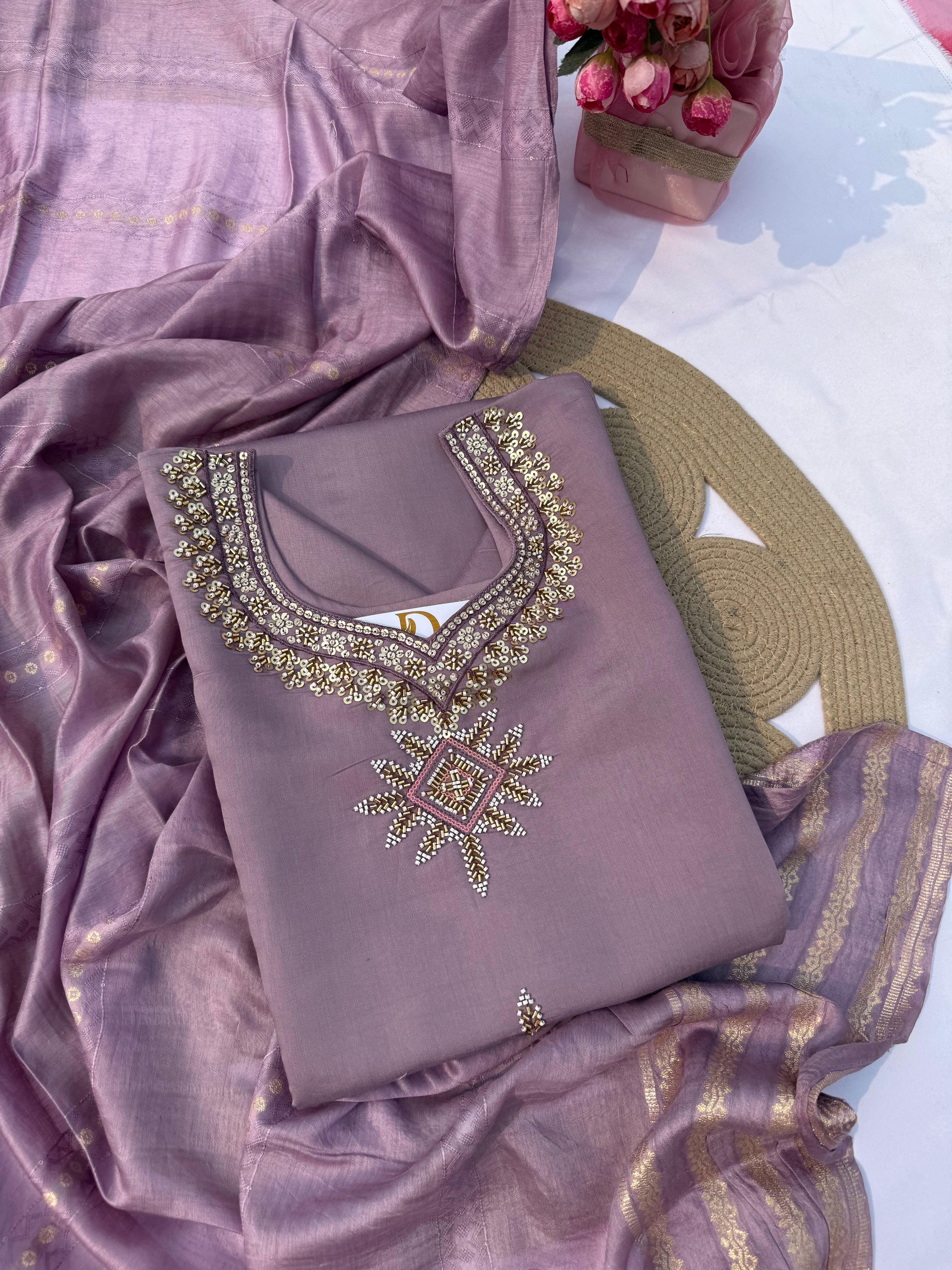 S123 Roman Silk Handwork Suit Set with Dupatta & Pant