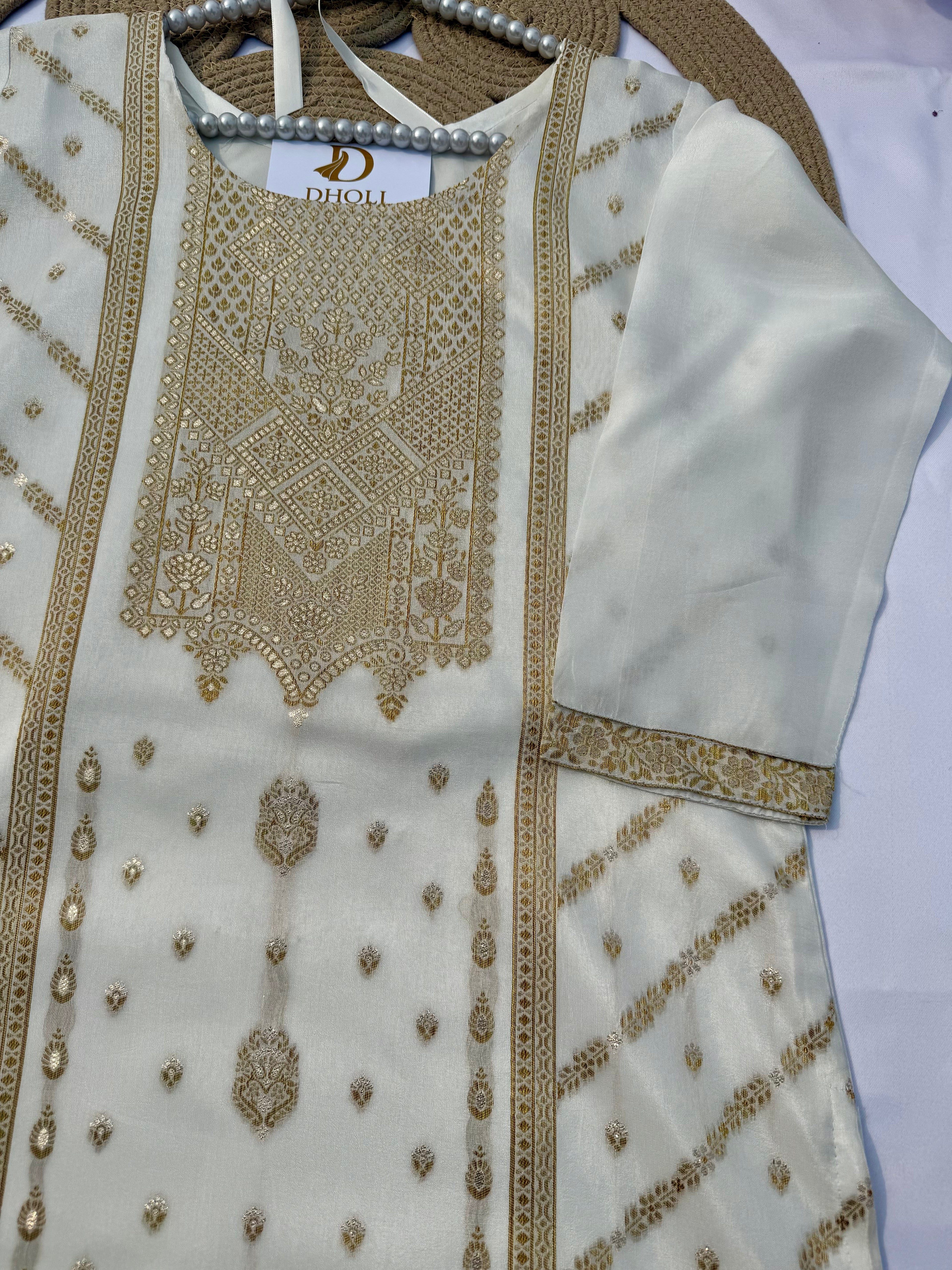 S124 Pure Cotton Kurta Set with Gold Jacquard & Traditional Motif Work