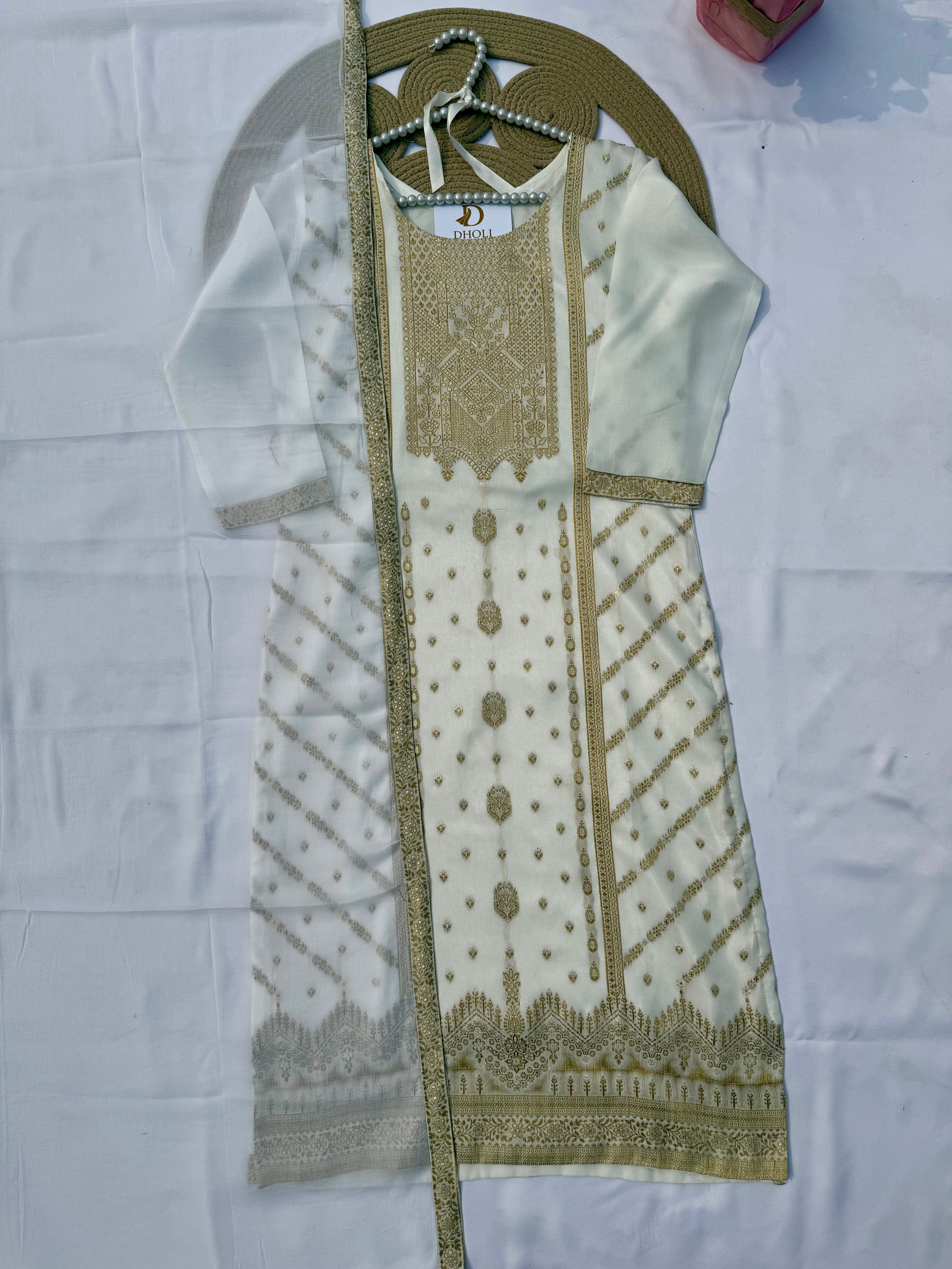 S124 Pure Cotton Kurta Set with Gold Jacquard & Traditional Motif Work