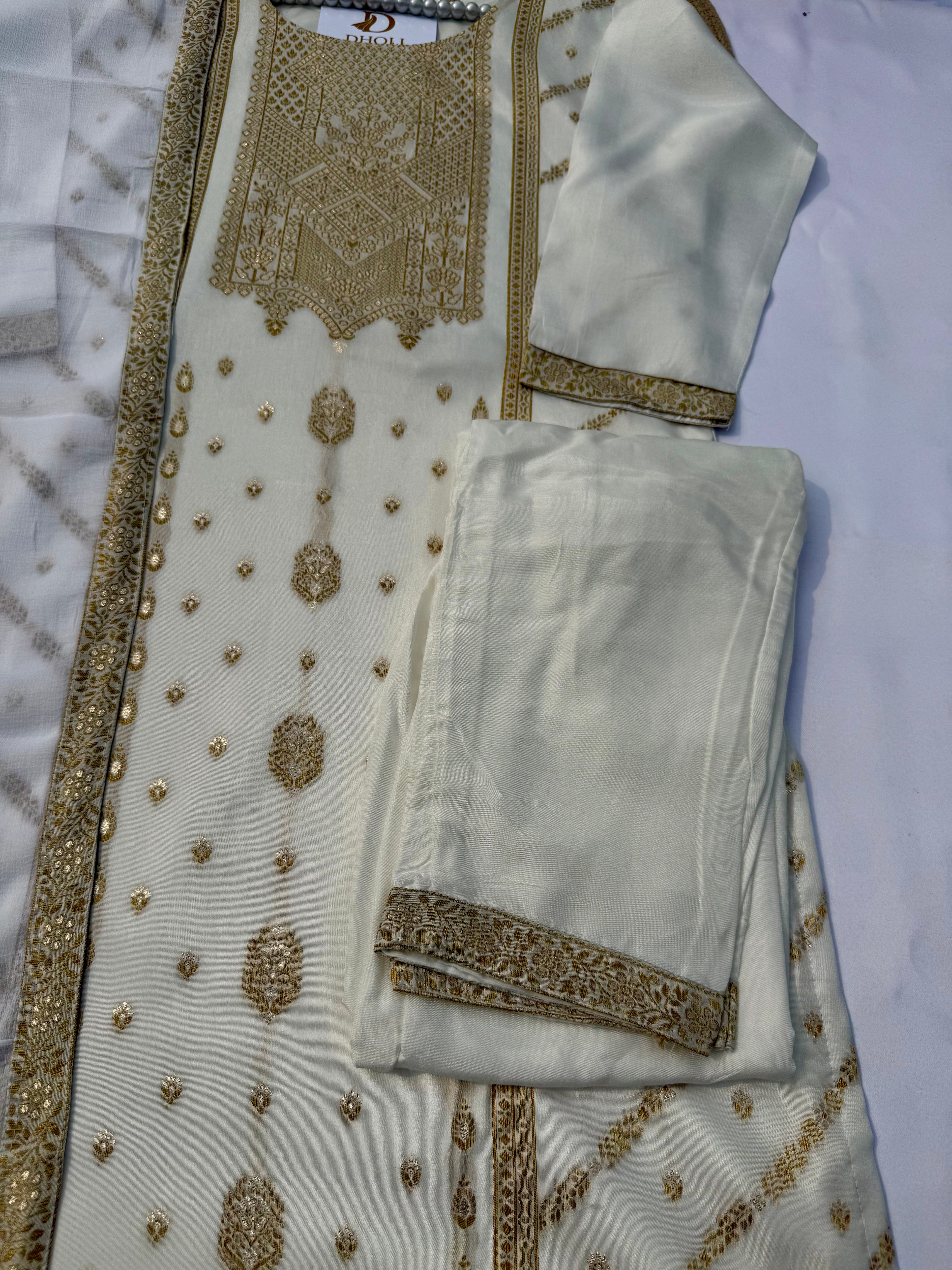 S124 Pure Cotton Kurta Set with Gold Jacquard & Traditional Motif Work