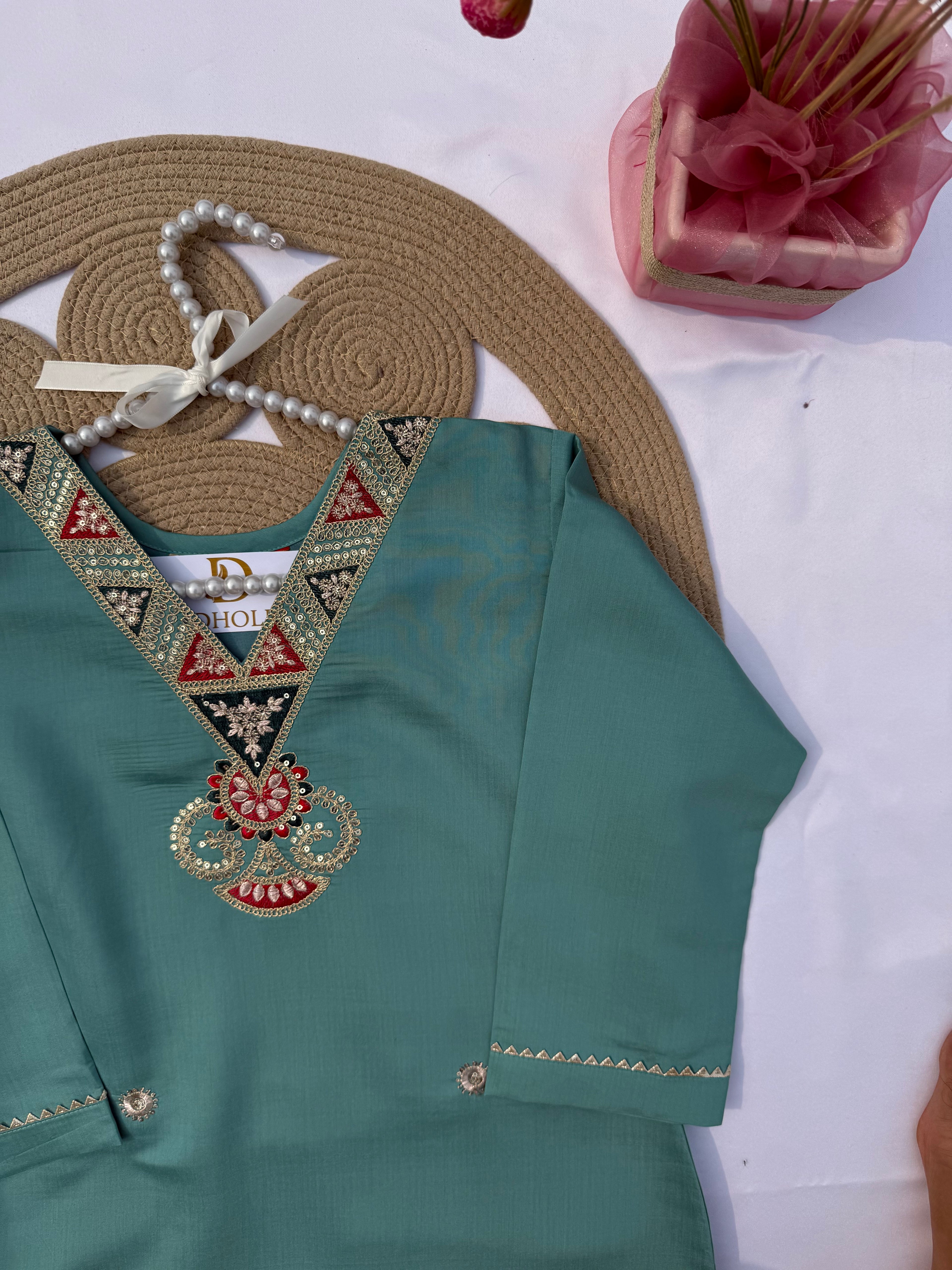 S125 Roman Silk Suit Set with Handwork & Digital Dupatta