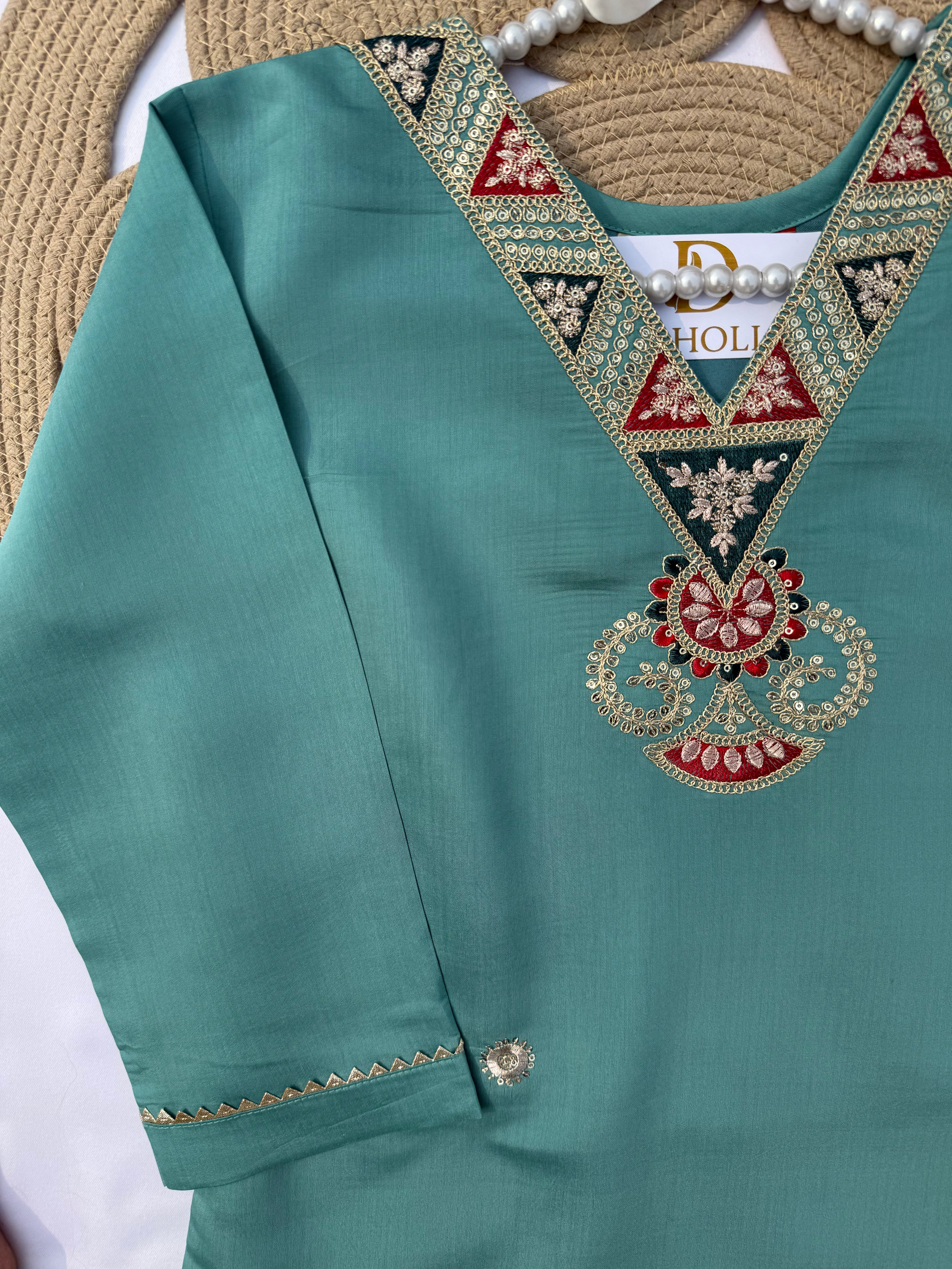 S125 Roman Silk Suit Set with Handwork & Digital Dupatta