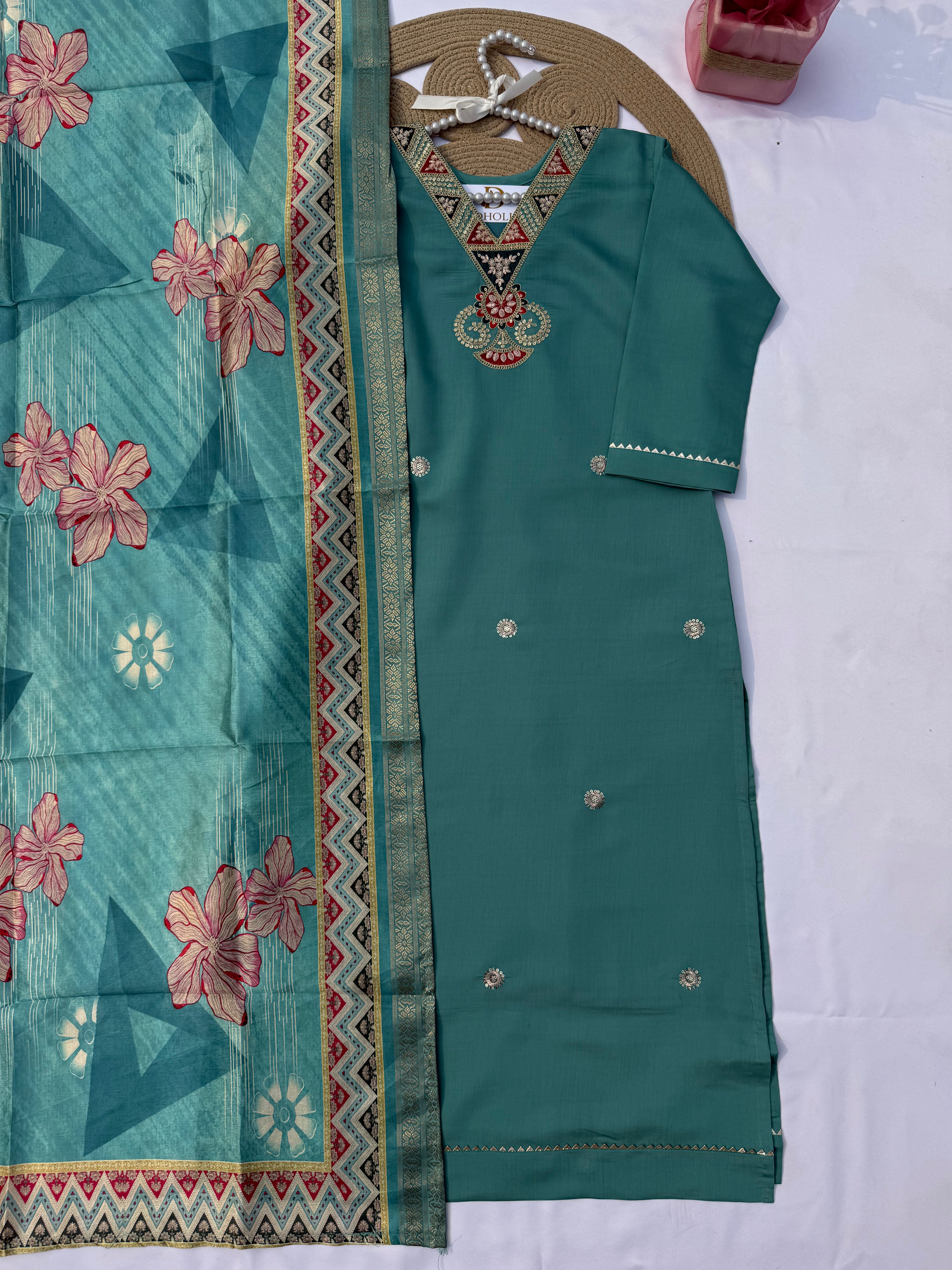 S125 Roman Silk Suit Set with Handwork & Digital Dupatta