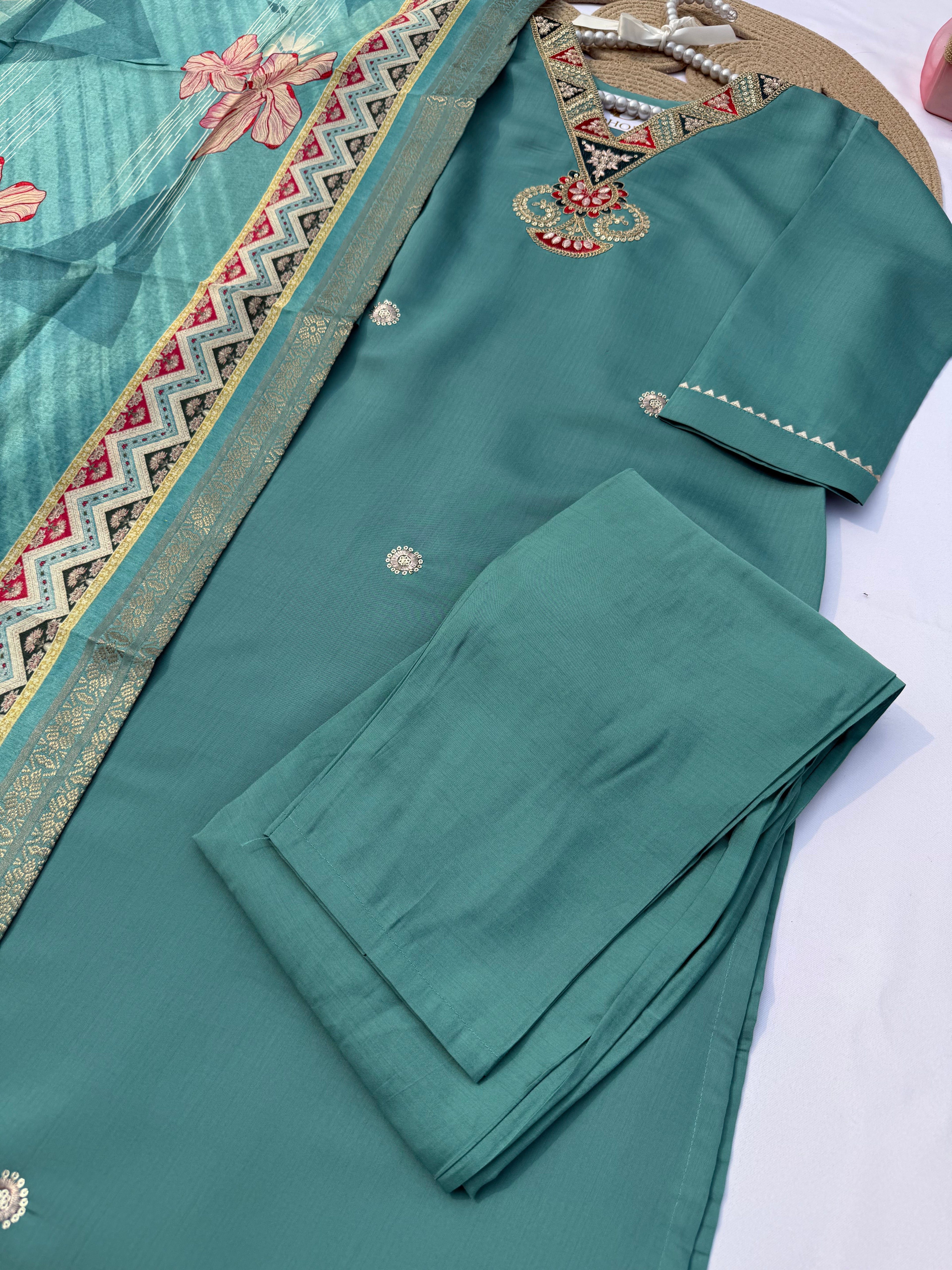 S125 Roman Silk Suit Set with Handwork & Digital Dupatta