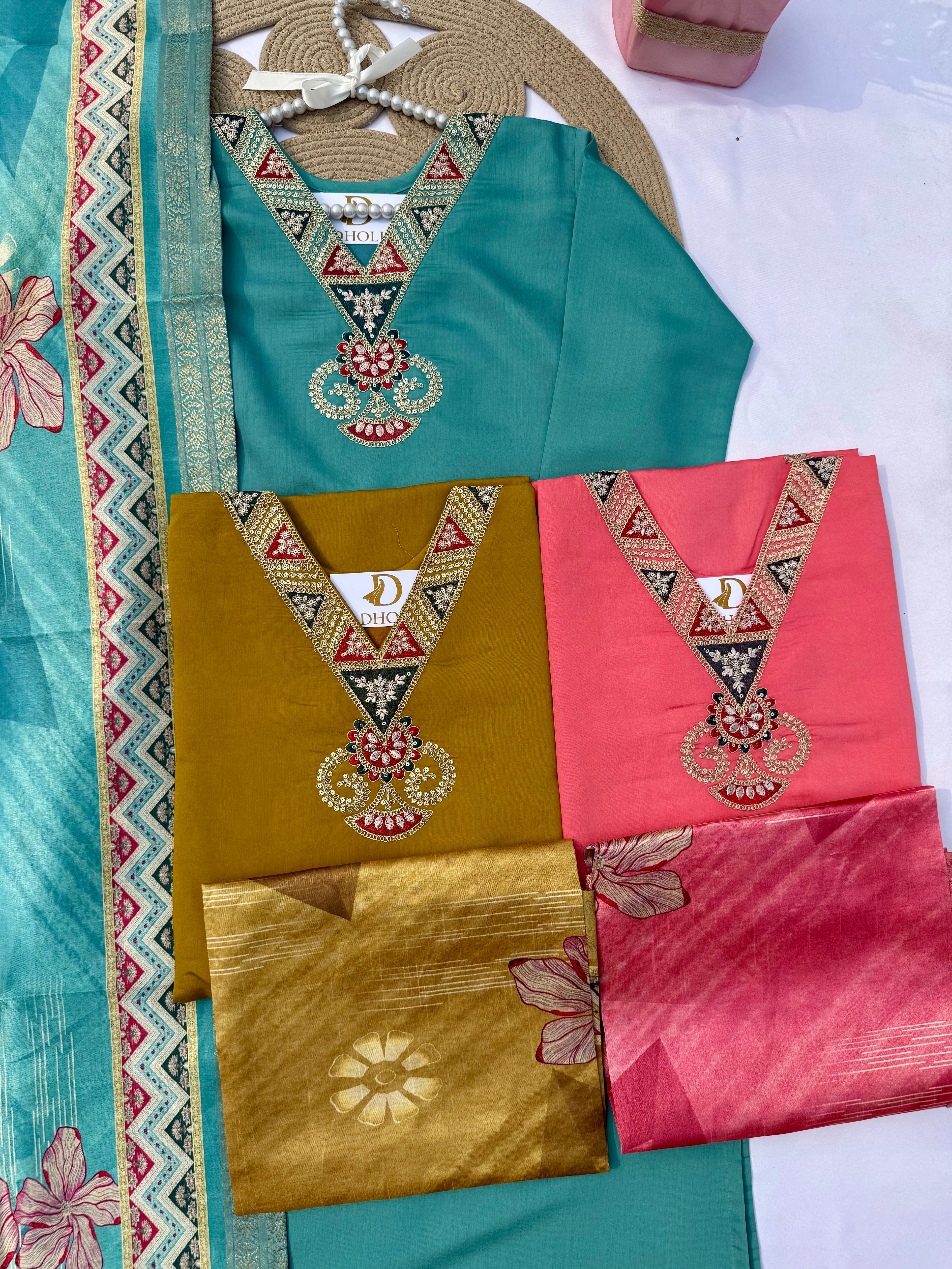 S125 Roman Silk Suit Set with Handwork & Digital Dupatta